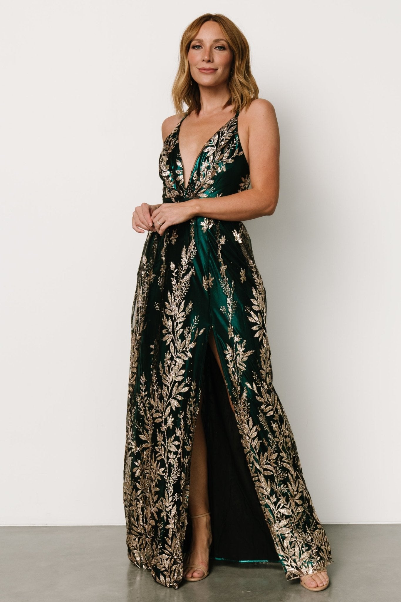 Eirena Sparkle Gown | Emerald + Rose Gold Sale Shop Offer