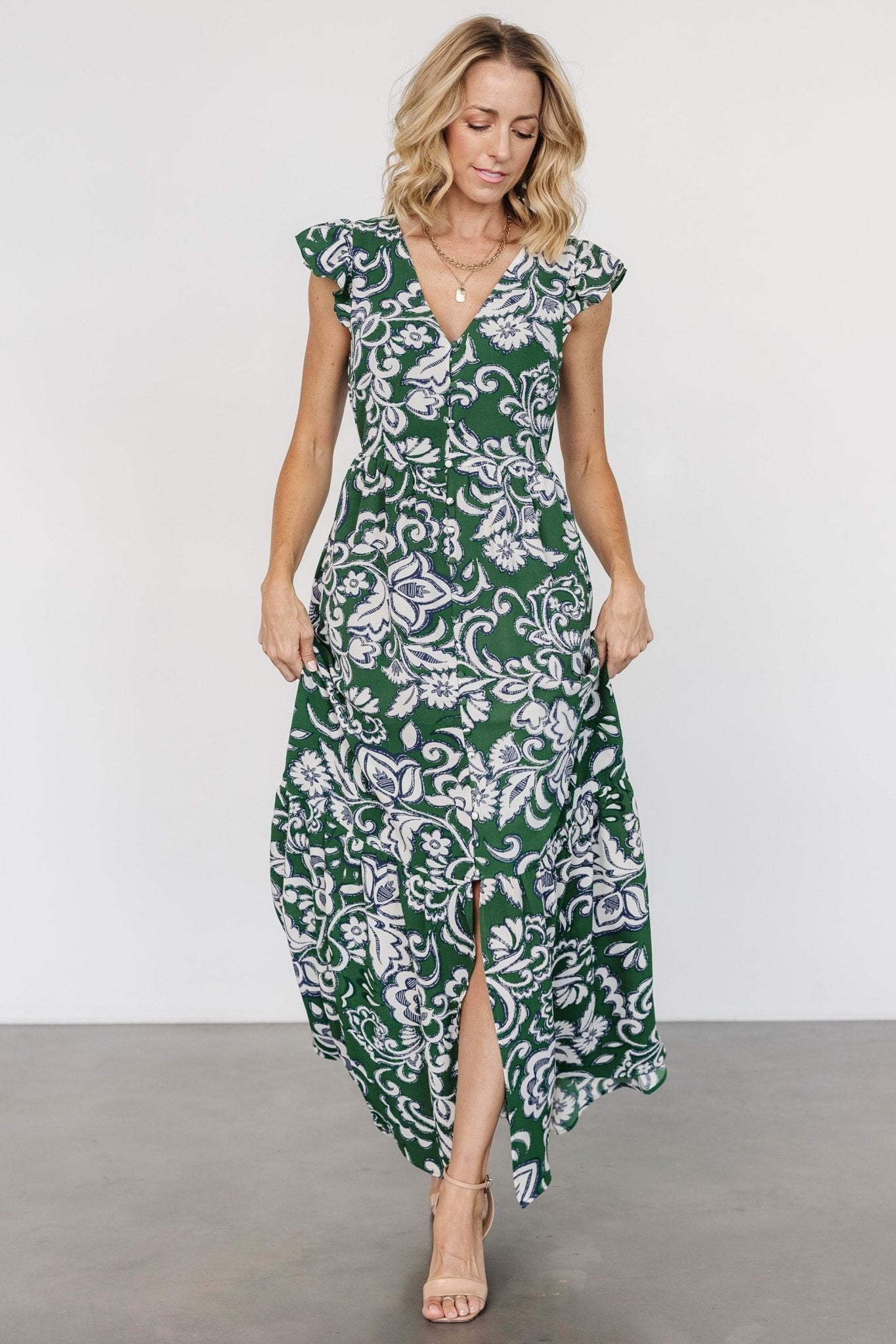 Kaia Button Maxi Dress | Green Print Cheap Sale Footaction