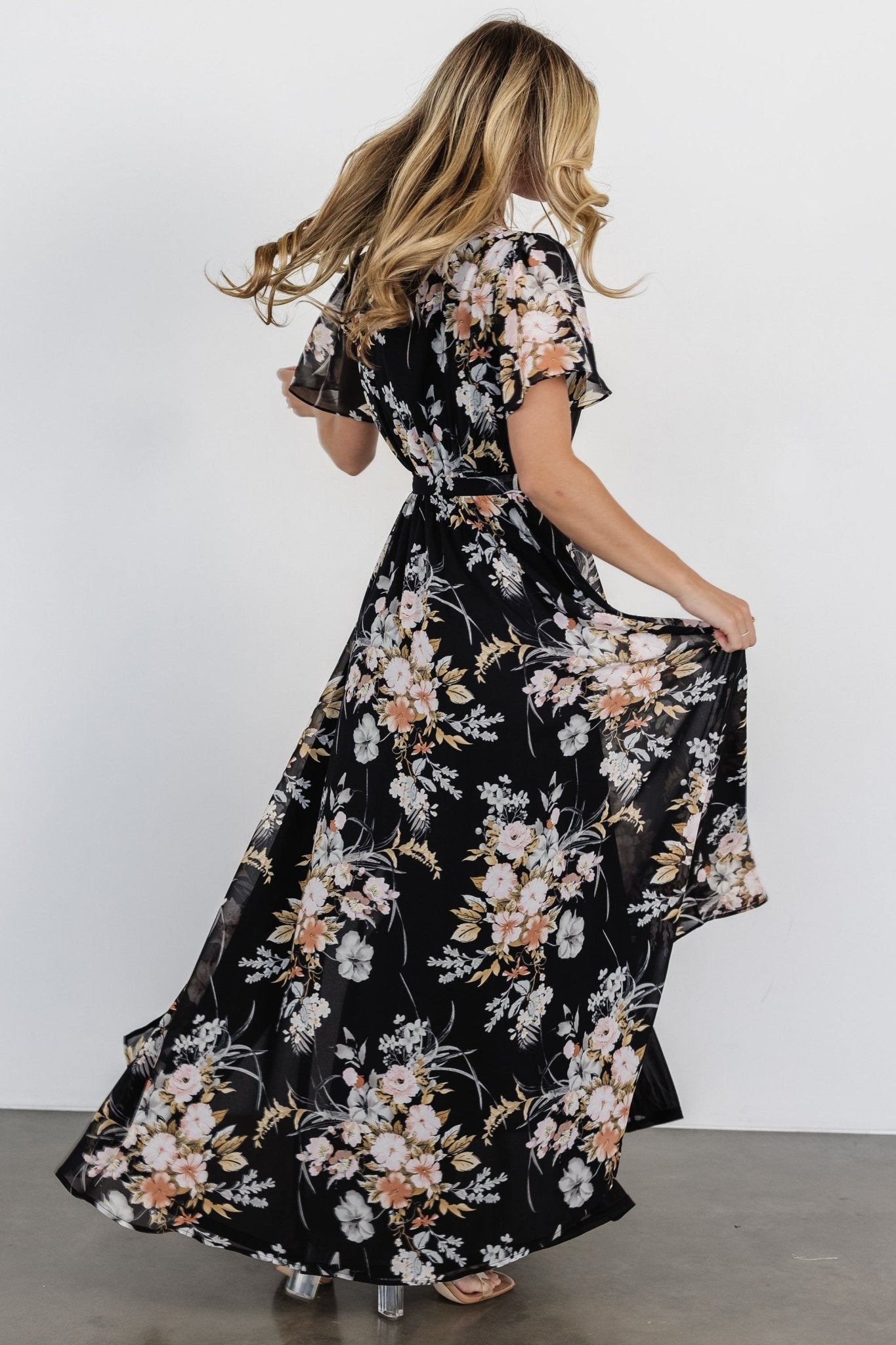 Naomi Short Sleeve Maxi Dress | Black Floral Store Sale Online