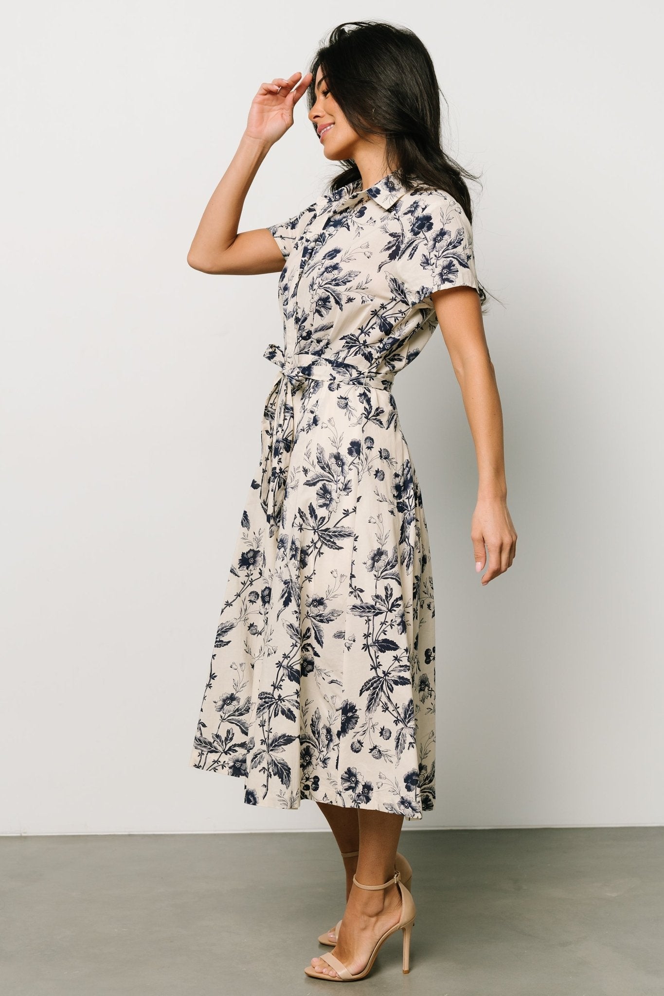 Lorna Midi Dress | Beige + Navy Print Get To Buy Sale Online