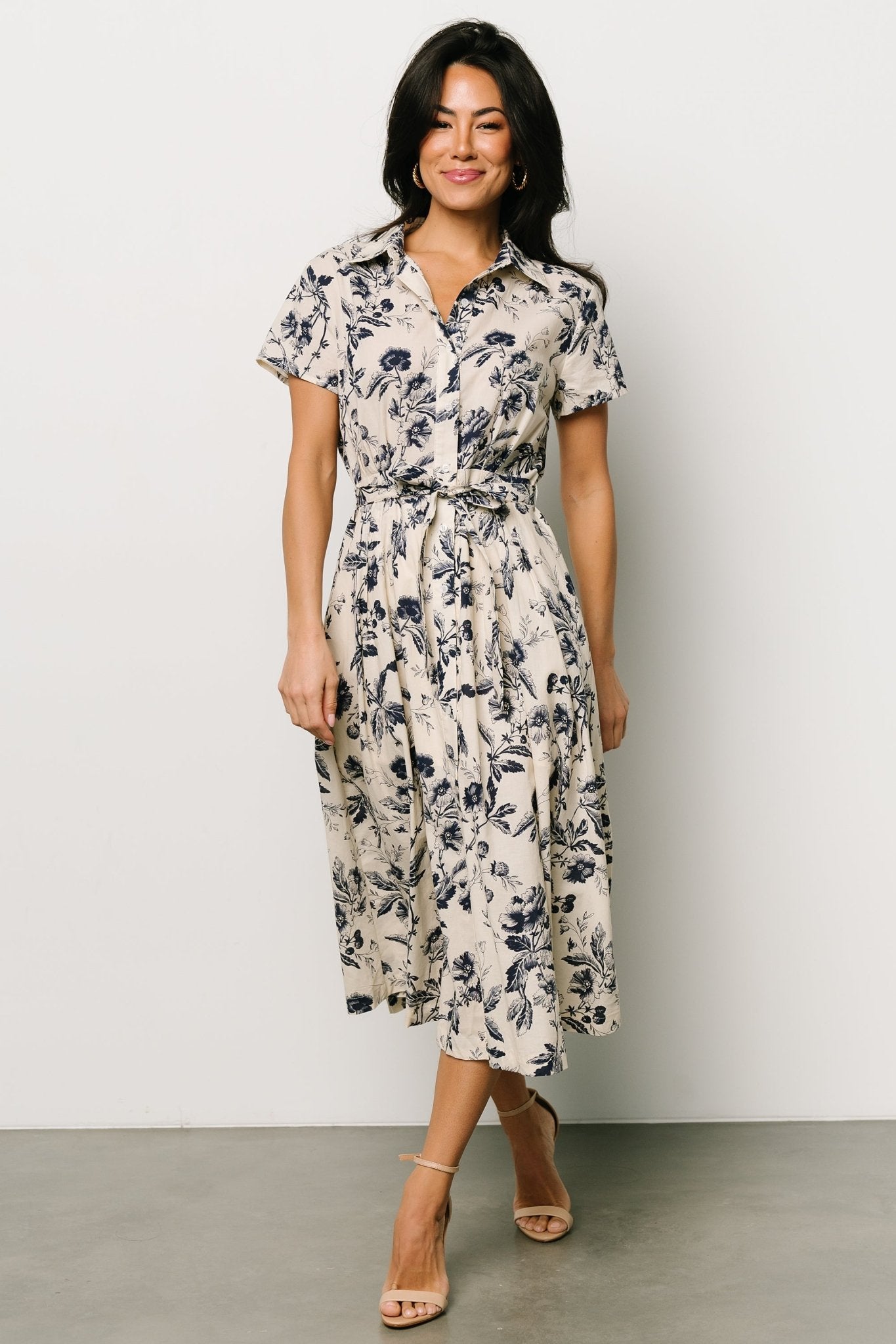 Lorna Midi Dress | Beige + Navy Print Get To Buy Sale Online