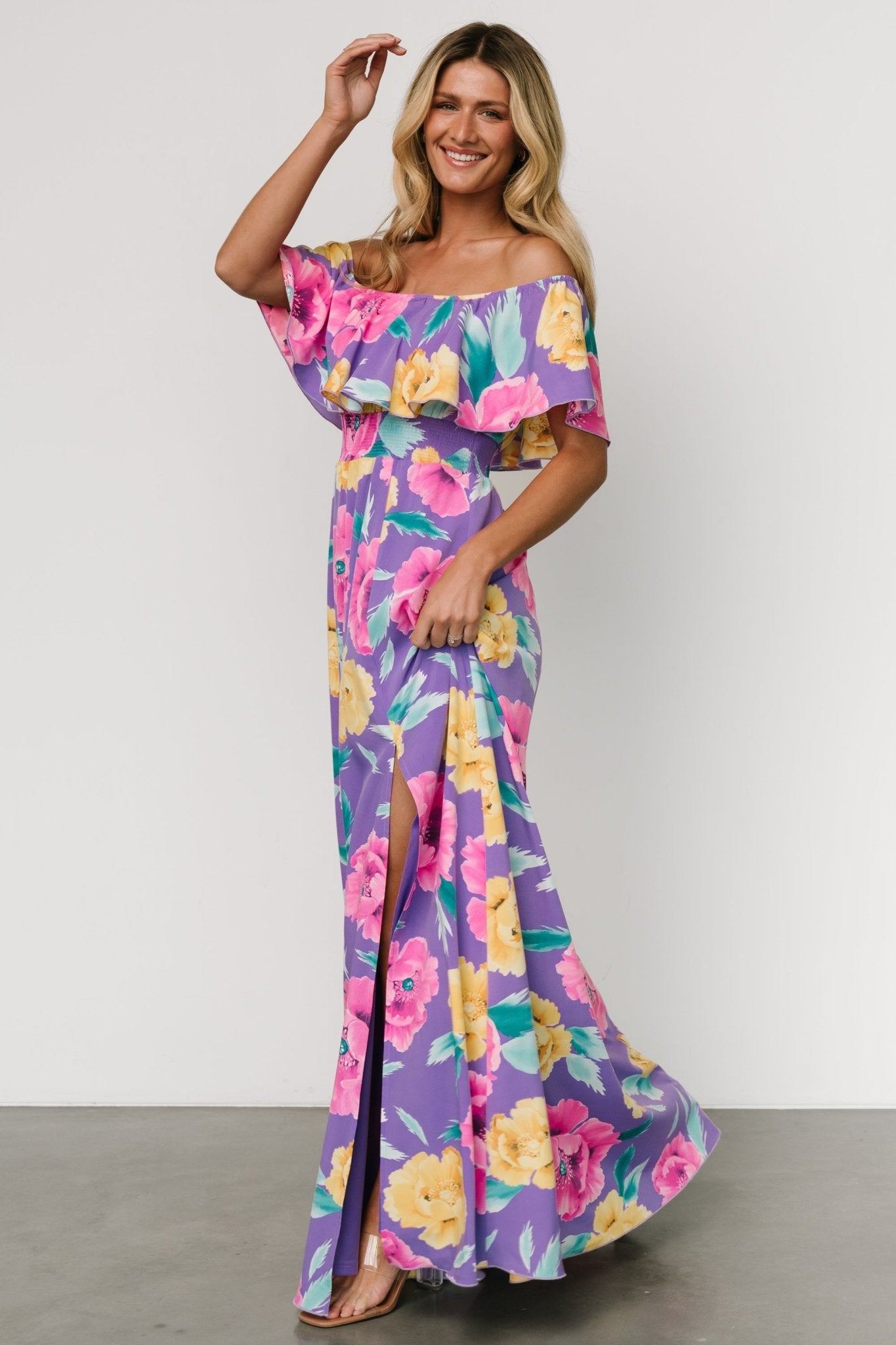 Talia Off Shoulder Maxi Dress | Purple Floral Deals Cheap Pice