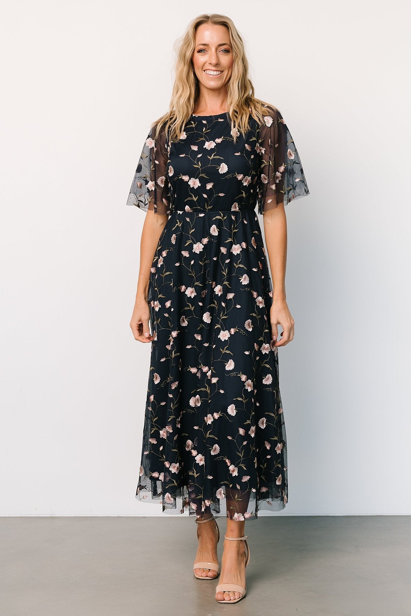 Arabella Embroidered Tulle Maxi Dress | Pink + Navy Clearance Recommend