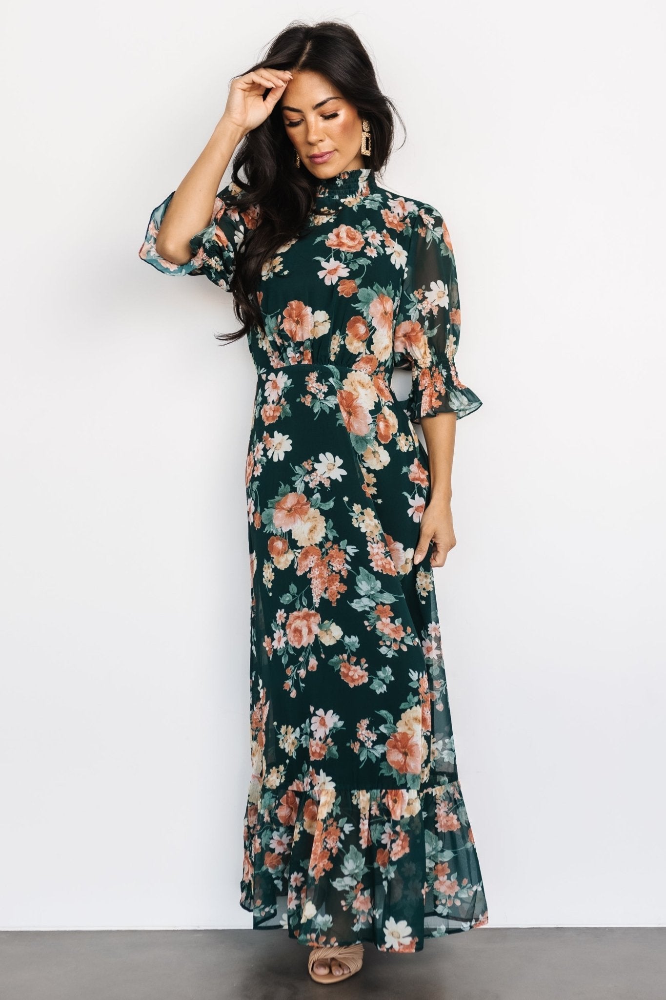 Marie Mock Neck Maxi Dress | Dark Green Floral Cheap Wholesale