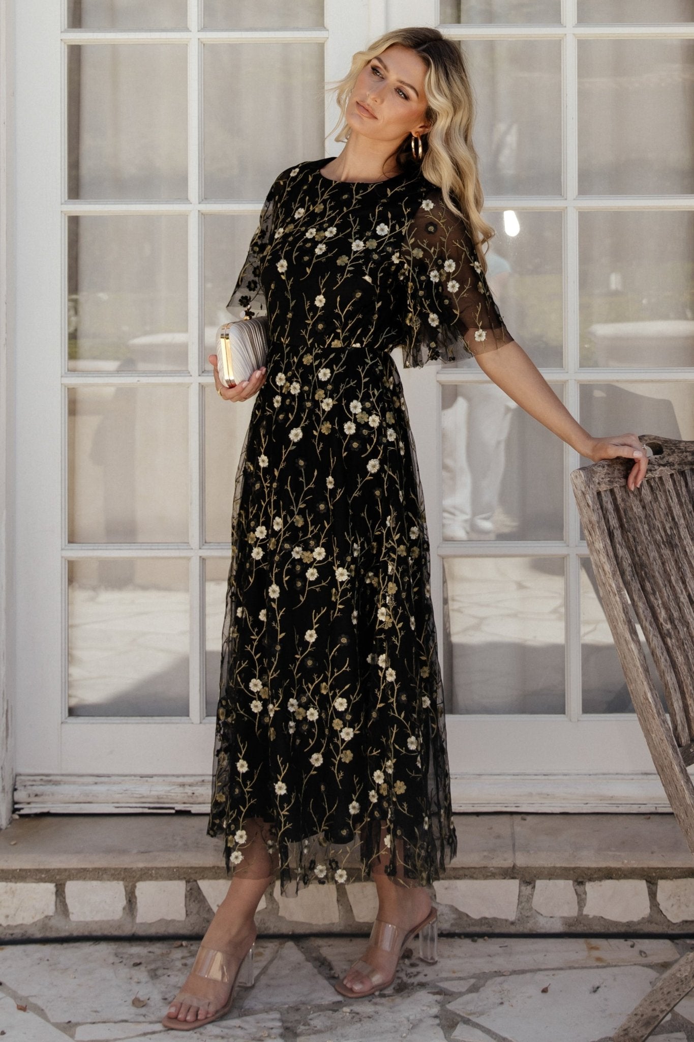 Arabella Embroidered Tulle Maxi Dress | Gold + Black Buy Cheap Hot Sale