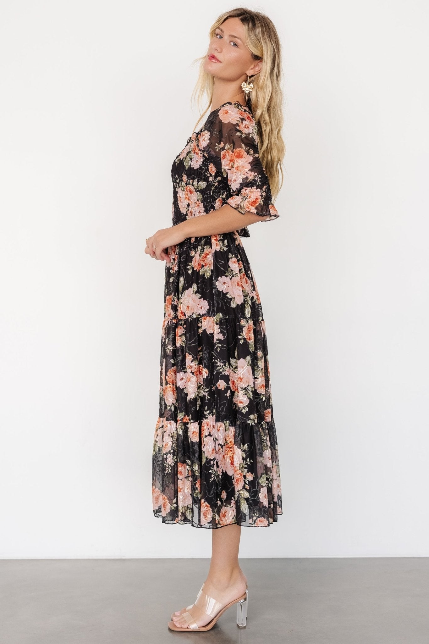 Fabian Jacquard Midi Dress | Peach + Black Floral 2025 Cheap Pice