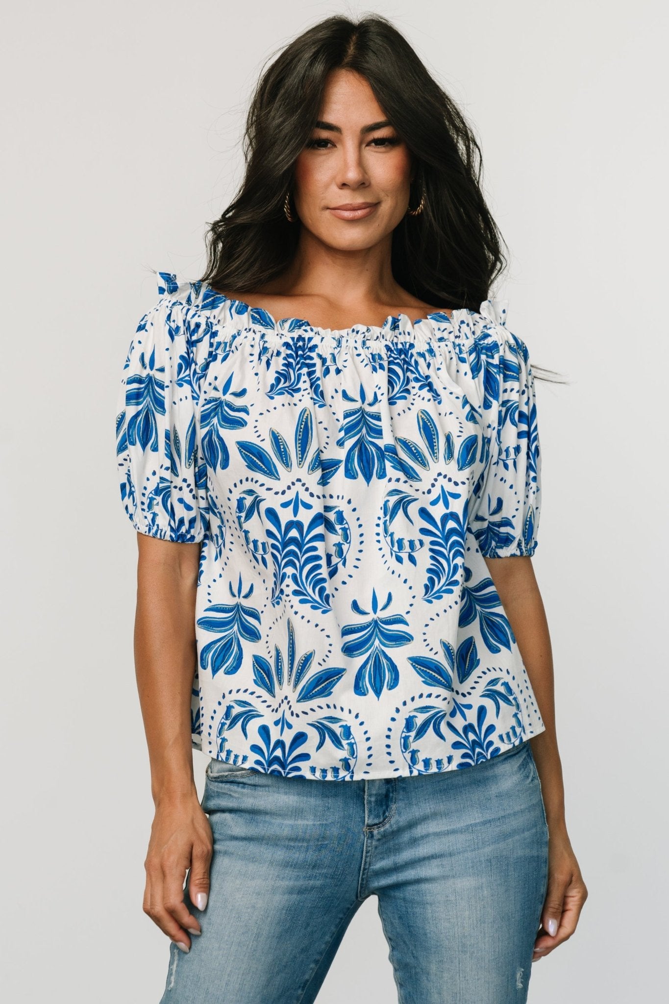 Santorini Off Shoulder Top | White + Blue Explore