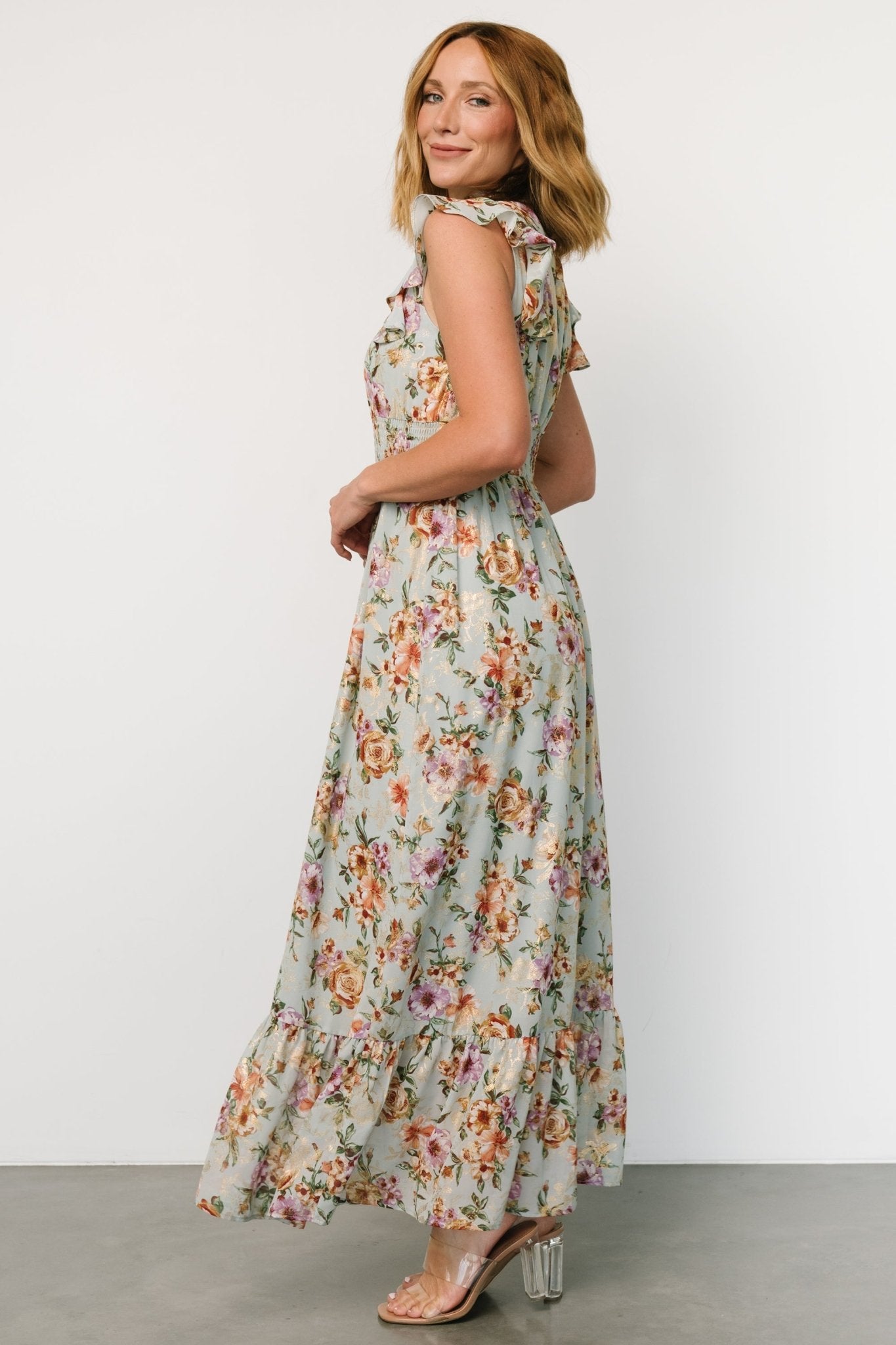 Kearny Ruffle Maxi Dress | Light Blue Floral + Gold Classic For Sale