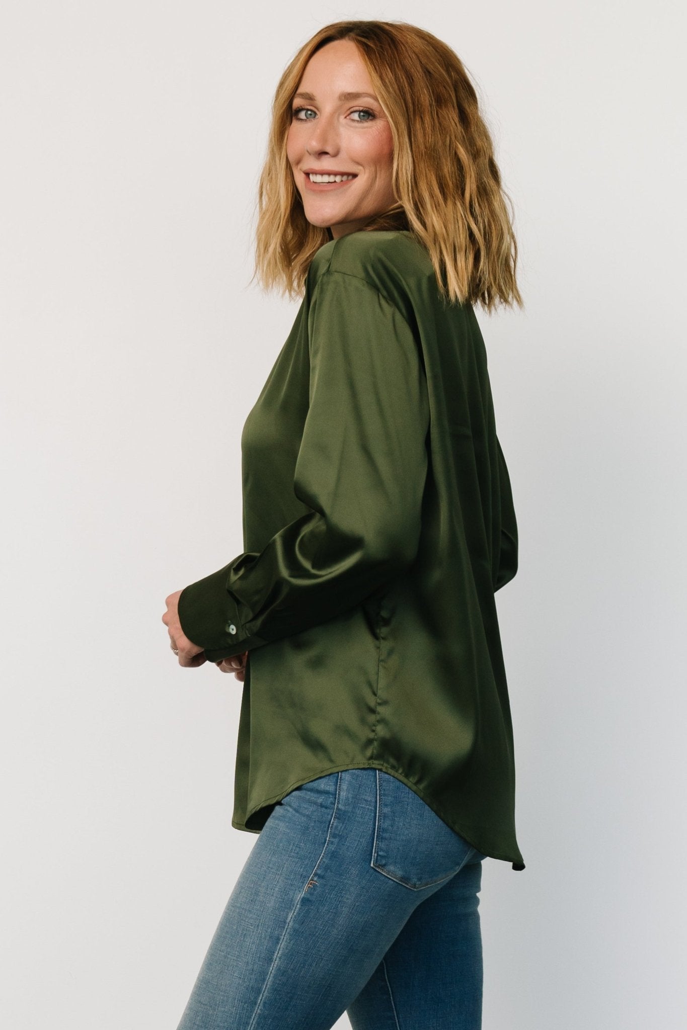 Kacey Satin Button Up Top | Dark Green Fast Delivery For Sale