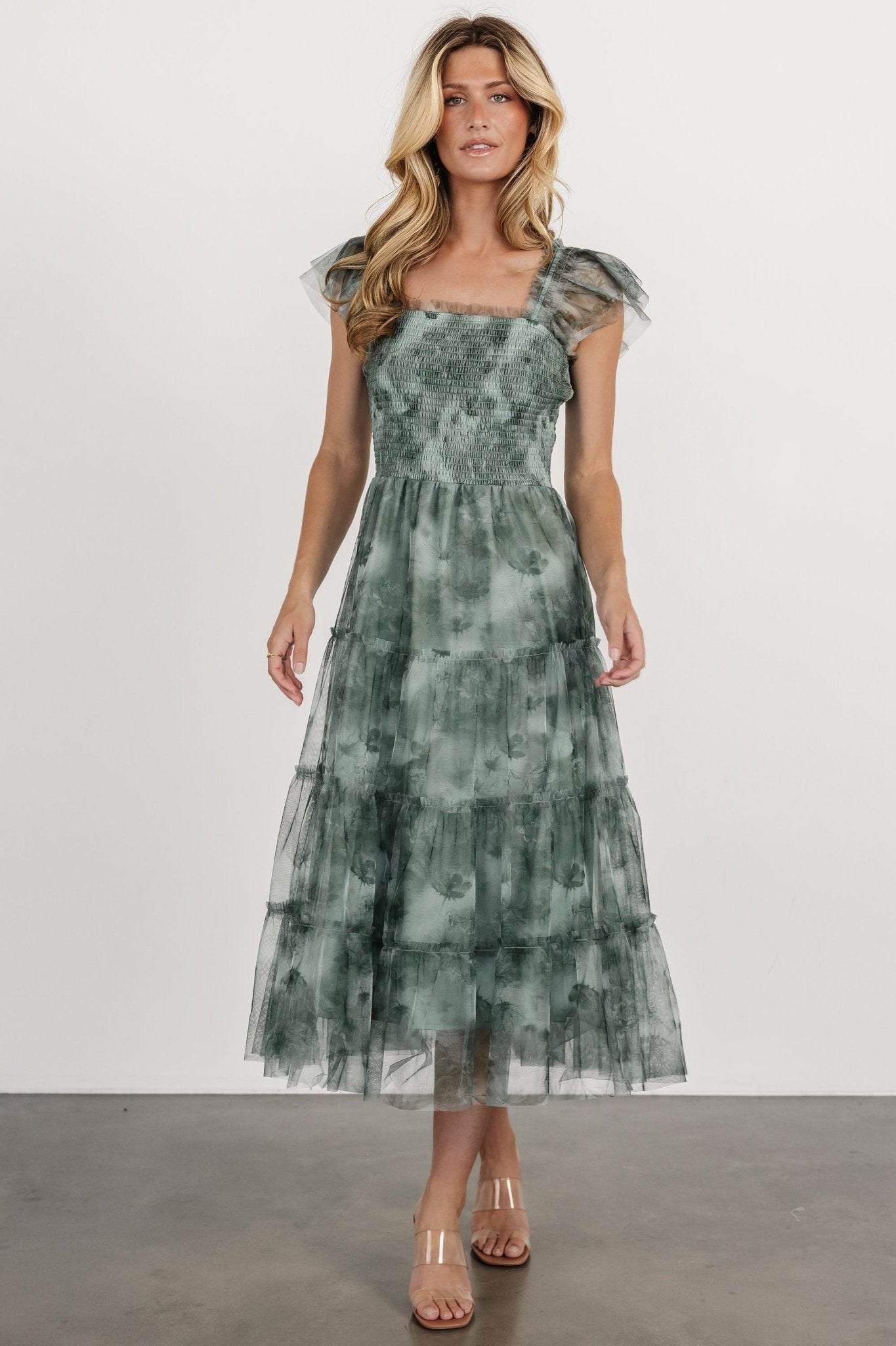 Clementine Tulle Midi Dress | Dusty Green Print Cheap Pice Wholesale Pice