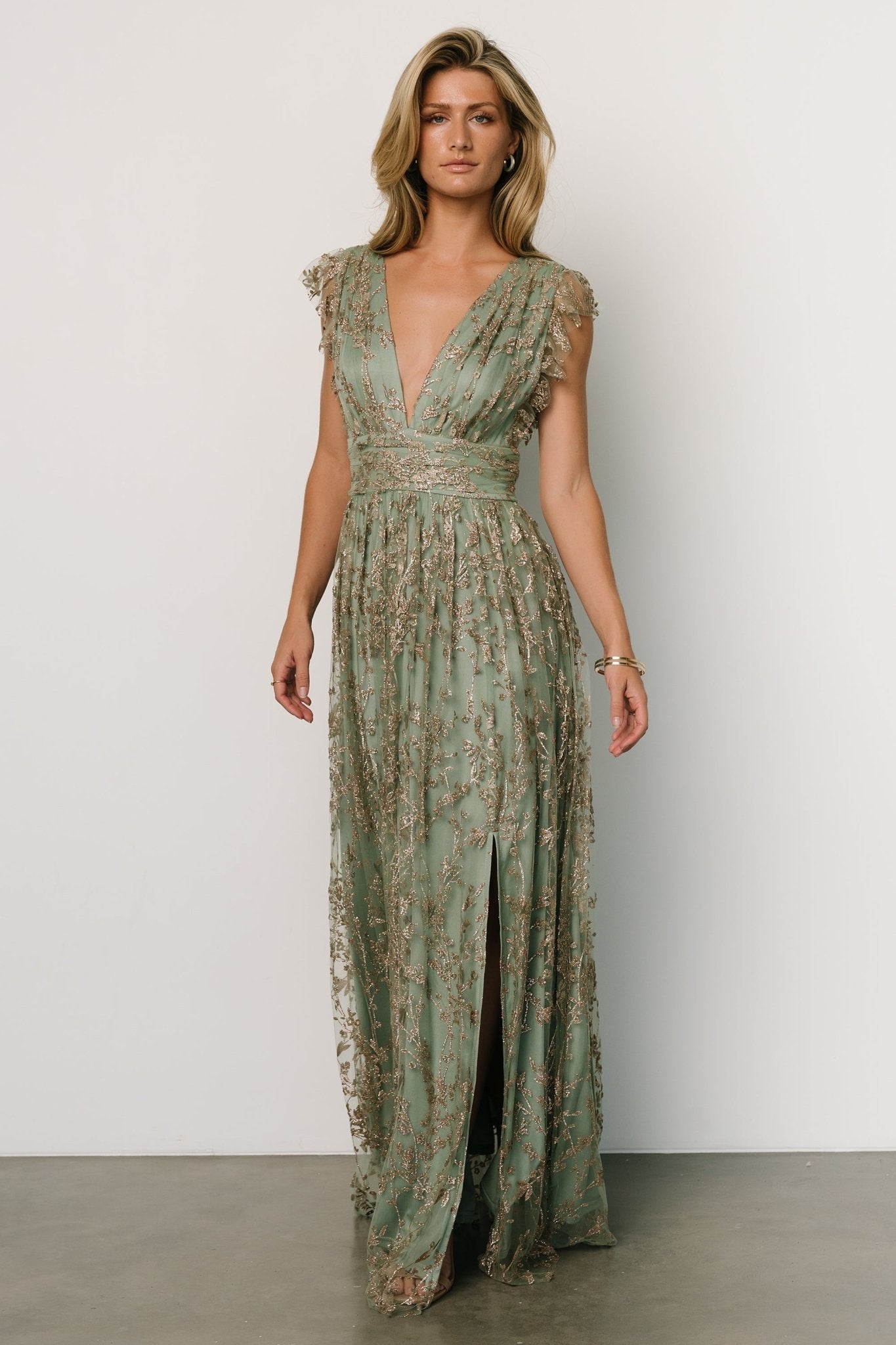 Arlene Shimmer Gown | Sage + Gold Clearance In China