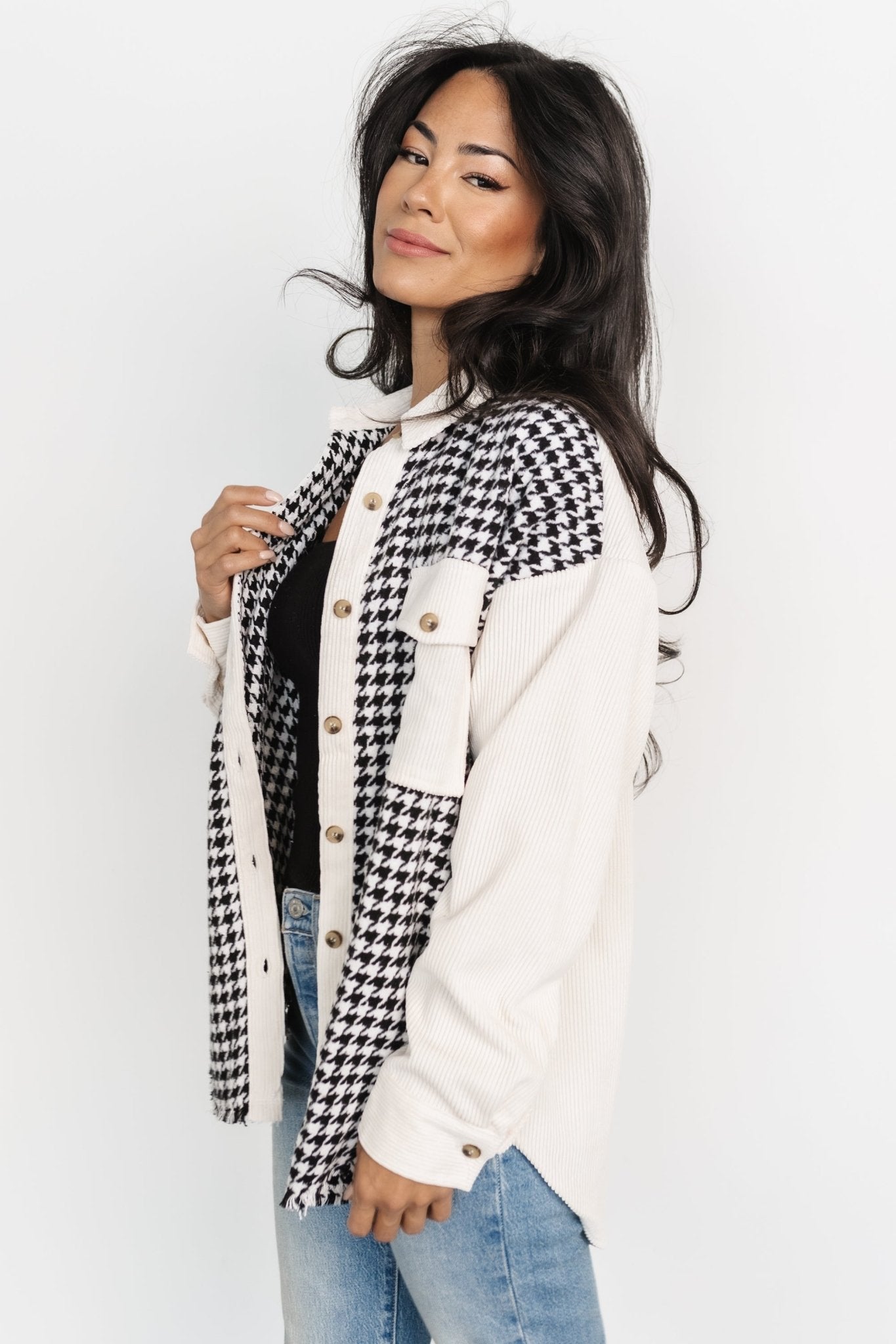 Montreal Houndstooth Shacket | Ivory + Black Original Online