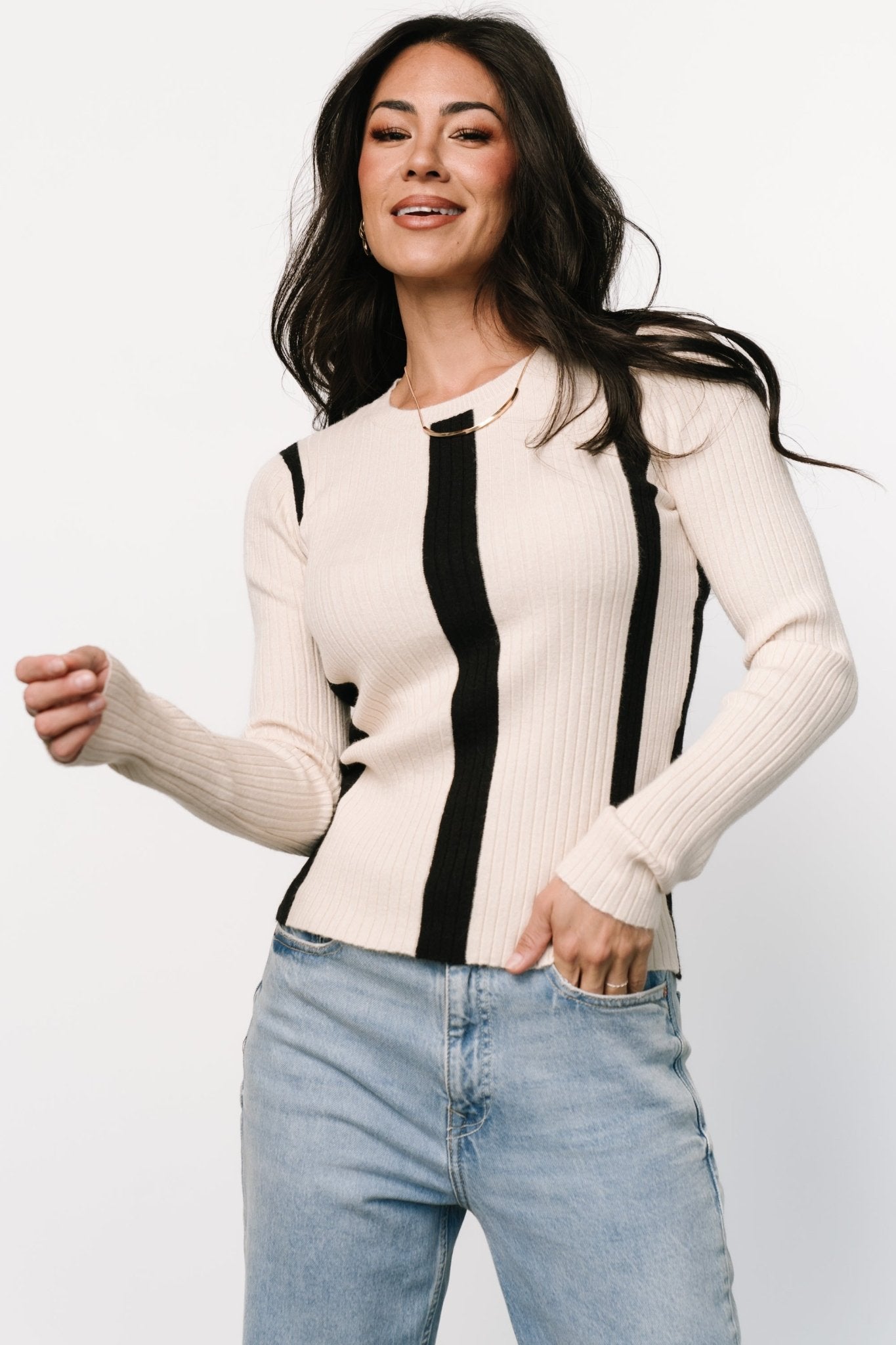 Jolene Ribbed Sweater Top | Natural + Black Stripe Sale Exclusive