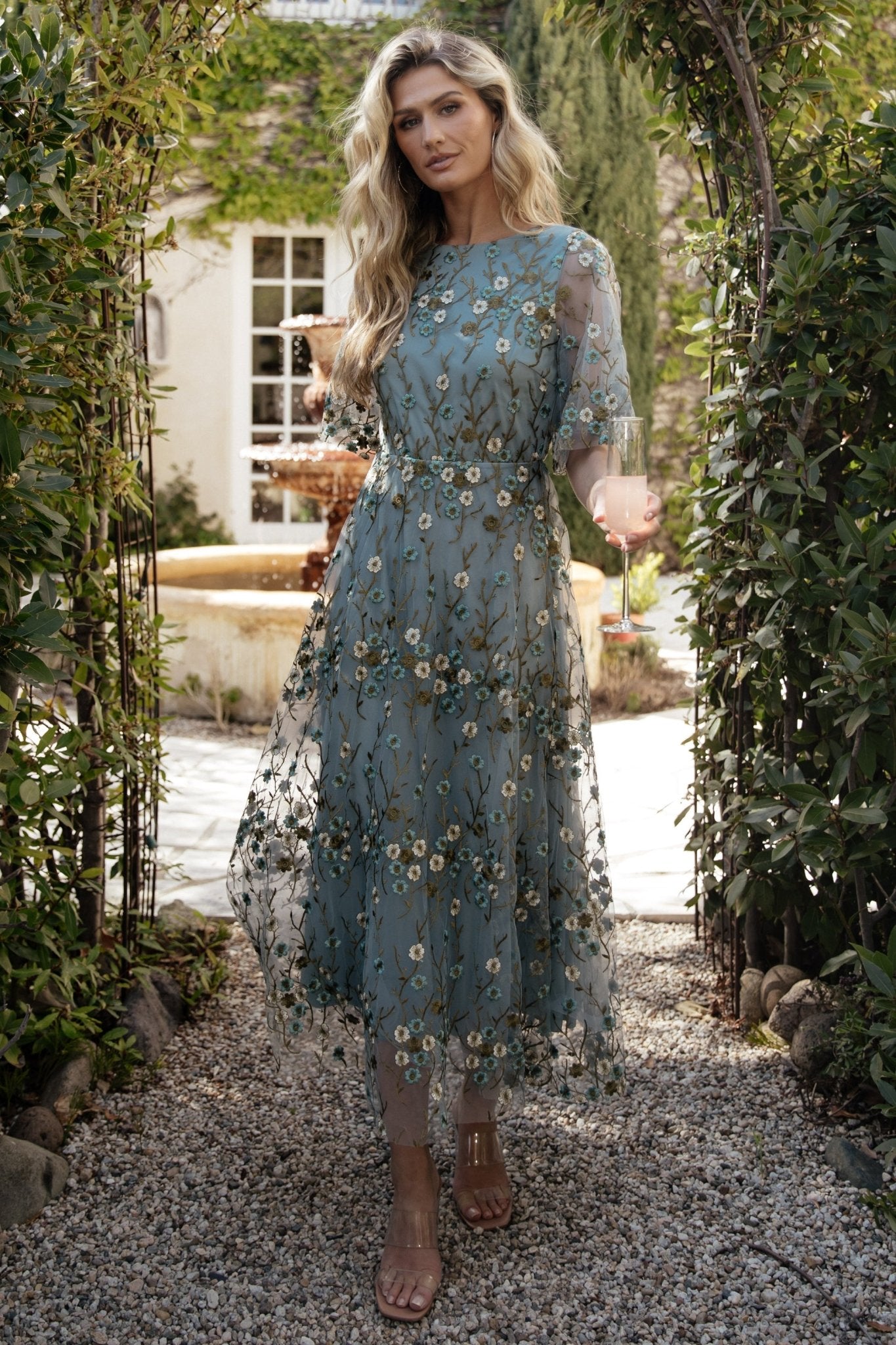 Arabella Embroidered Tulle Maxi Dress | Dusty Blue Floral Outlet Explore