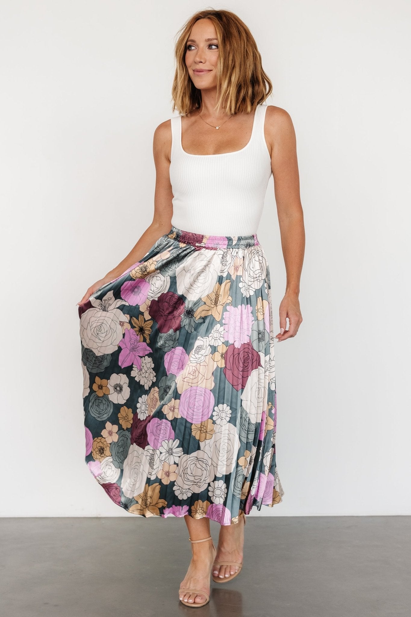 Cori Pleated Skirt | Vintage Teal Floral Outlet Best Seller