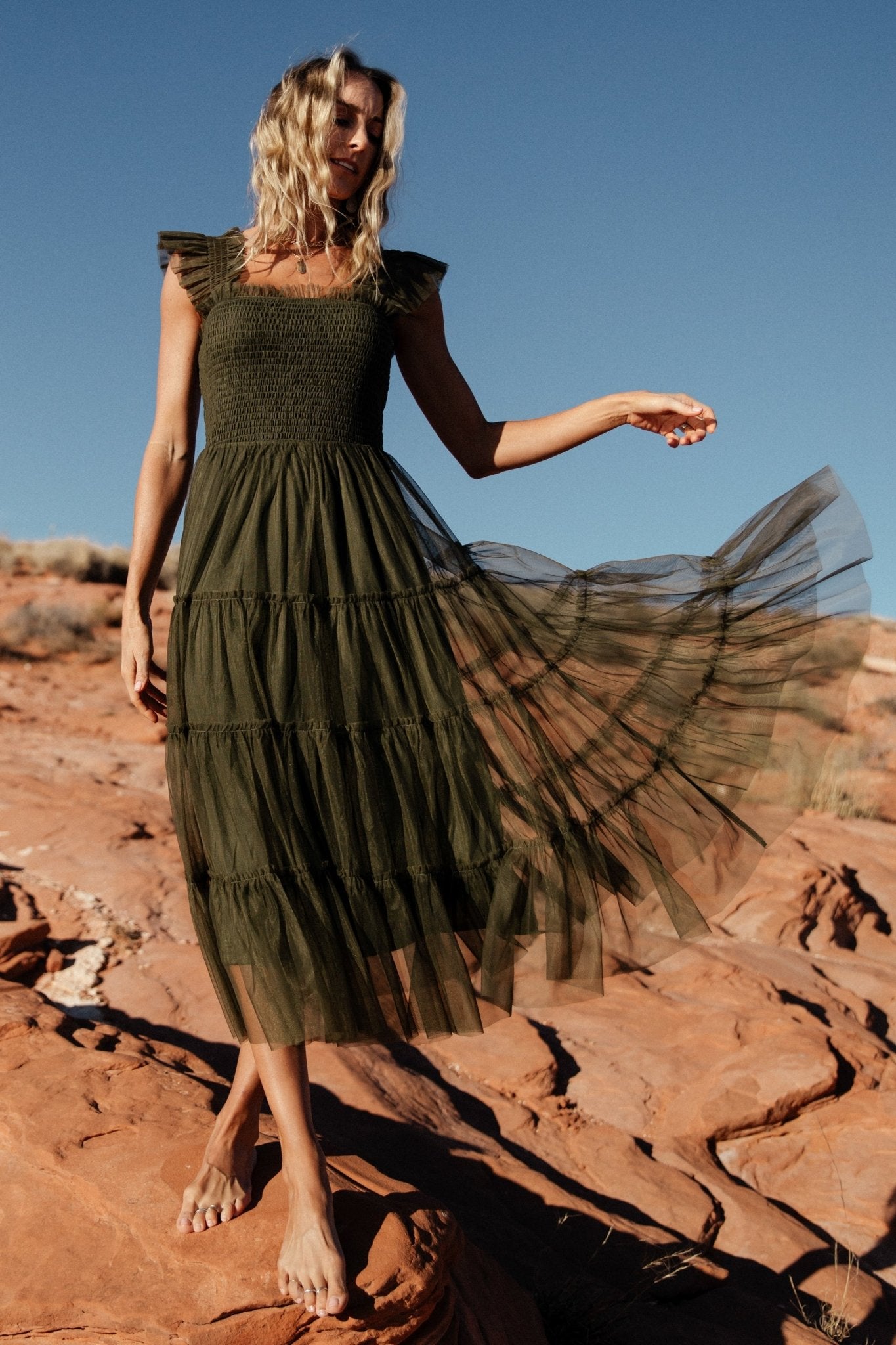 Emma Smocked Tulle Dress | Dark Olive Low Shipping Fee Online