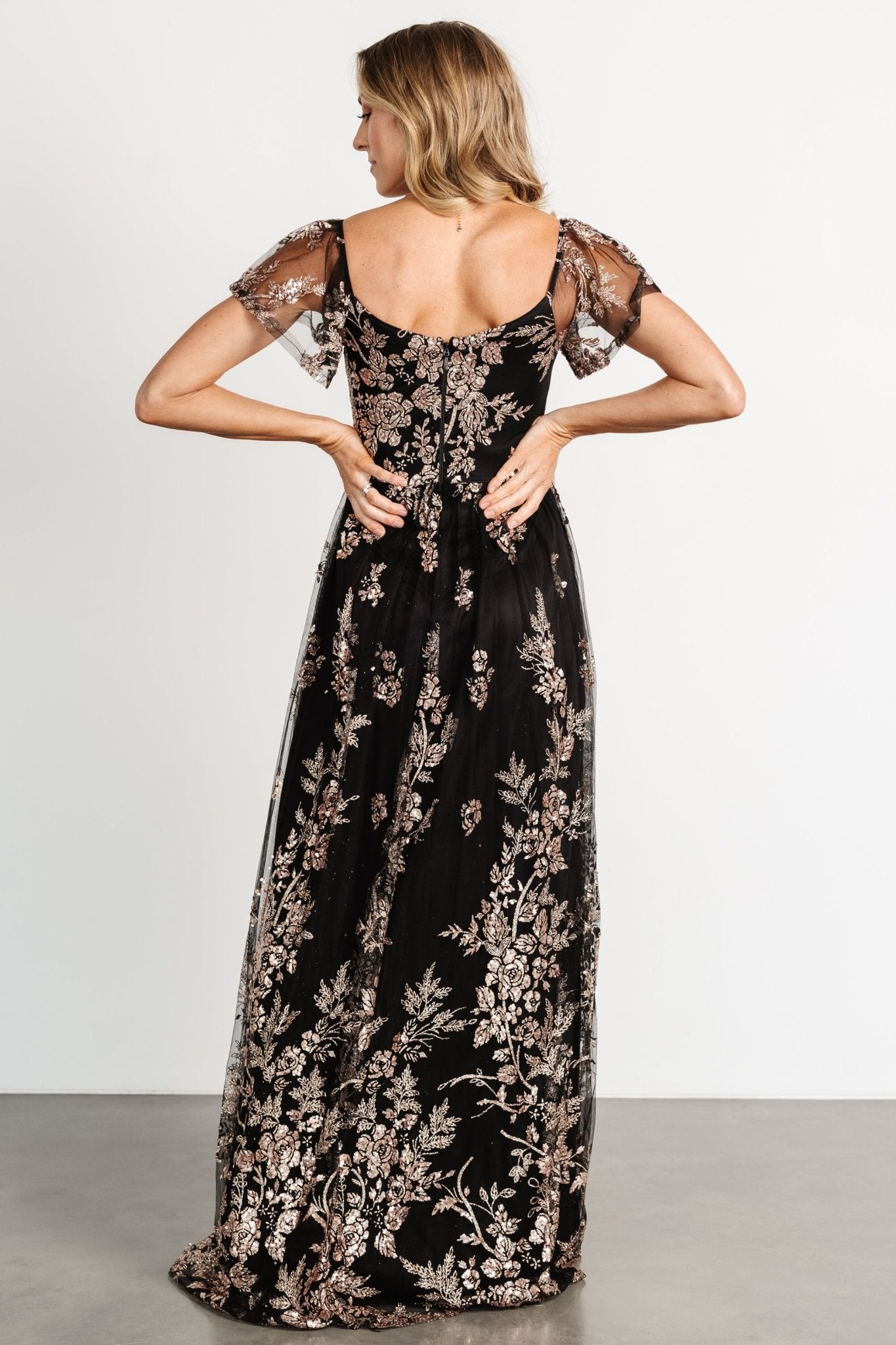 Corinne Shimmer Maxi Gown | Black + Rose Gold Huge Surprise