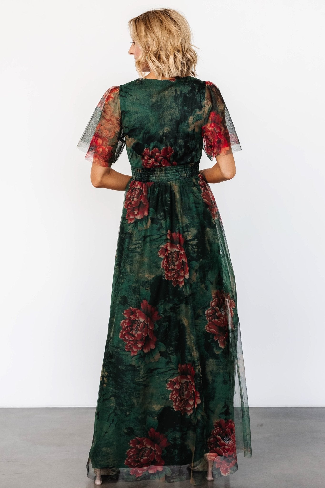 Cressida Tulle Maxi Dress | Dark Green + Red Floral Affordable Online