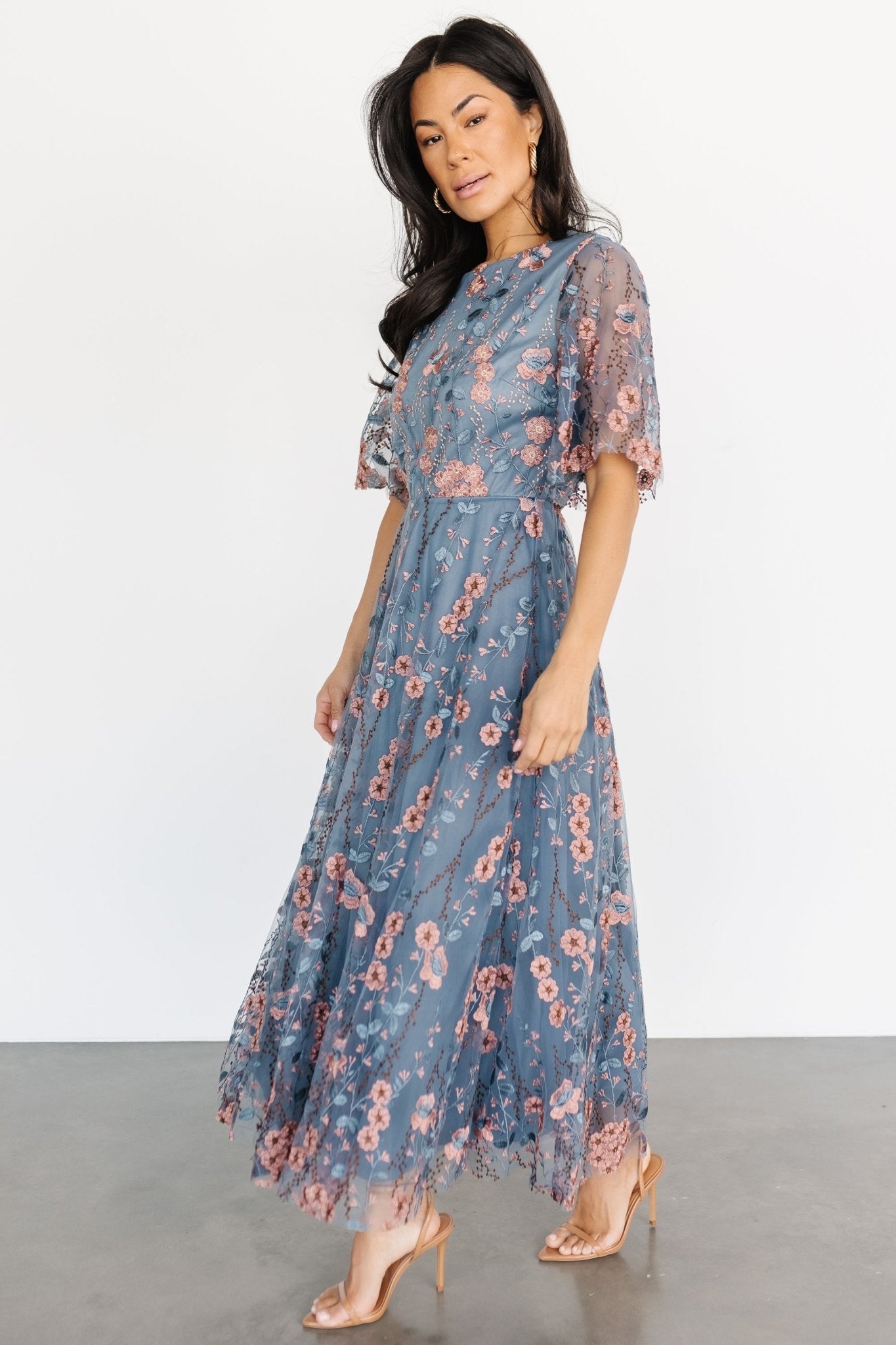 Arabella Embroidered Tulle Maxi Dress | Blue + Pink Wholesale Pice For Sale