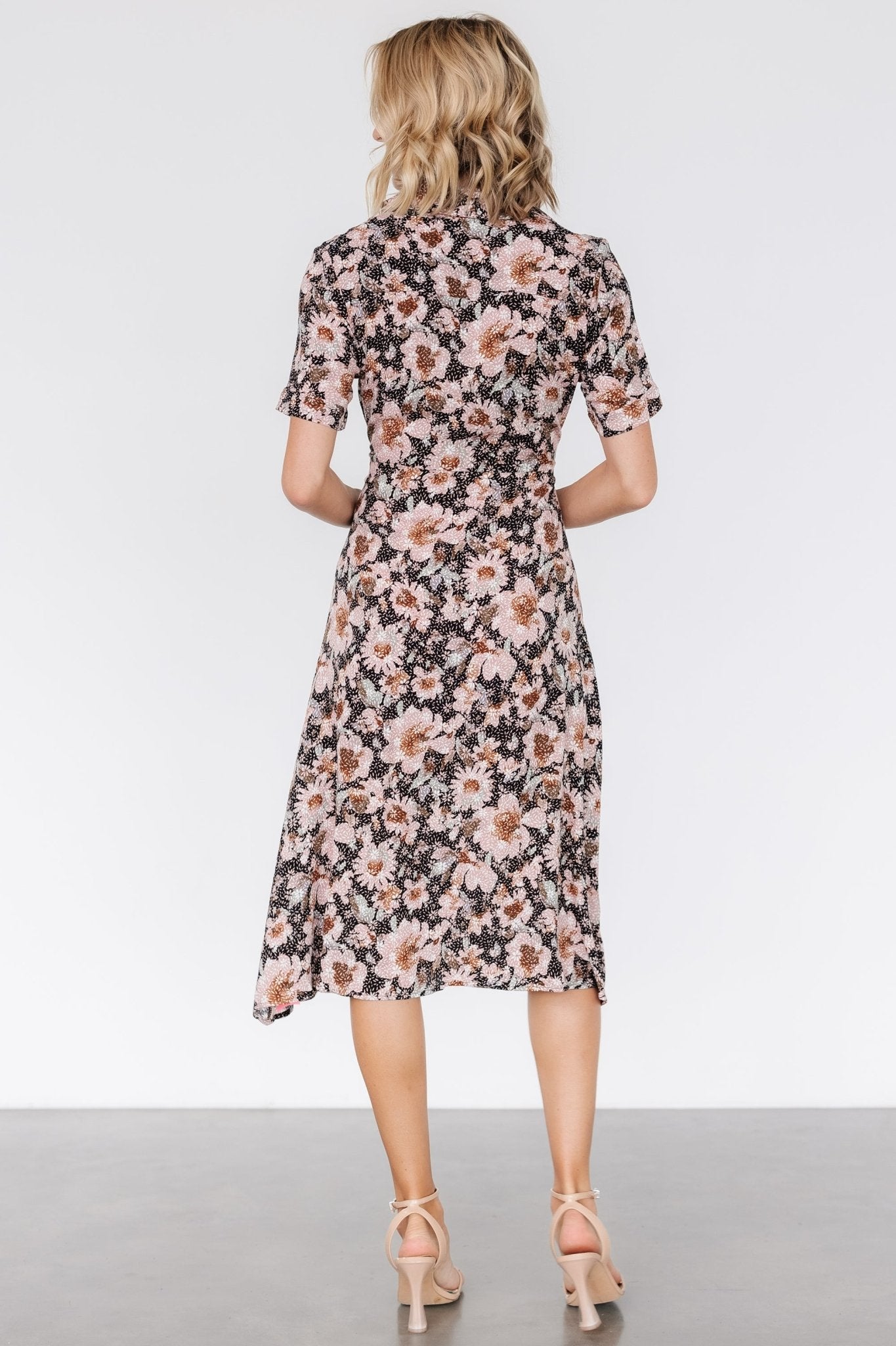 Feya Button Midi Dress | Black + Mauve Floral Free Shipping Manchester Great Sale