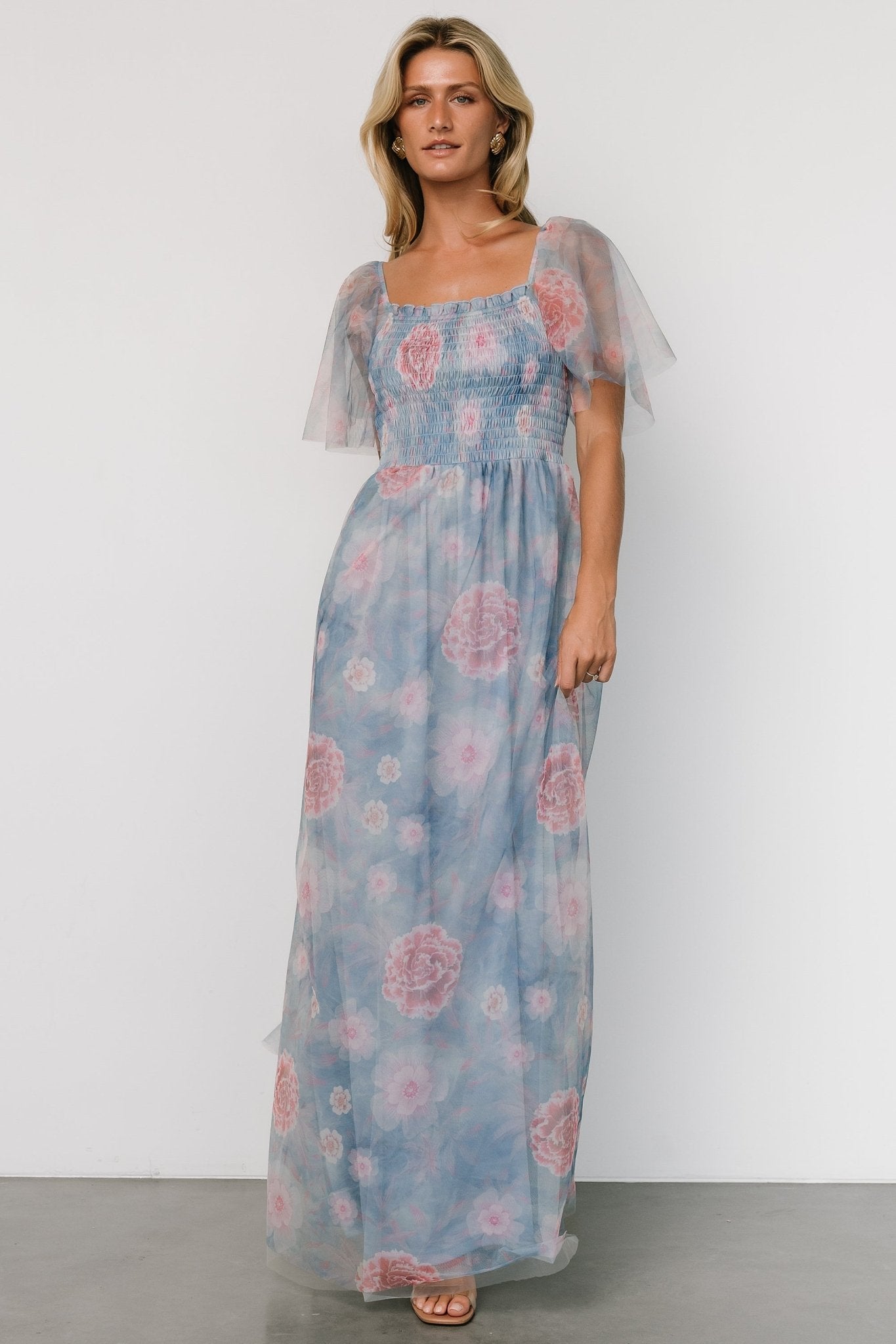 Cassandra Tulle Maxi Dress | Light Blue + Pink Floral 100% Authentic Sale Online