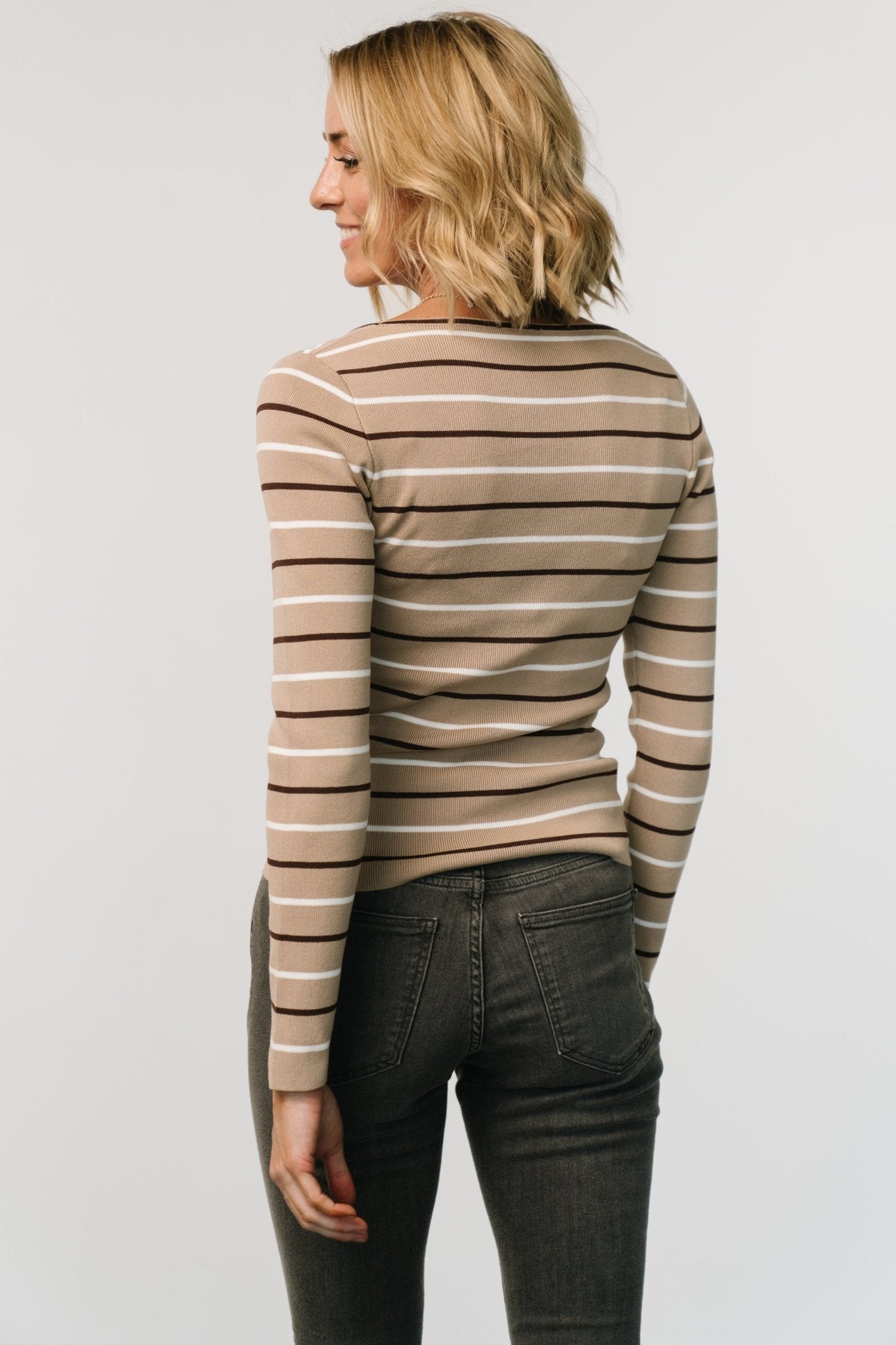 Kaylee Long Sleeve Top | Taupe Stripe Cheap Supply