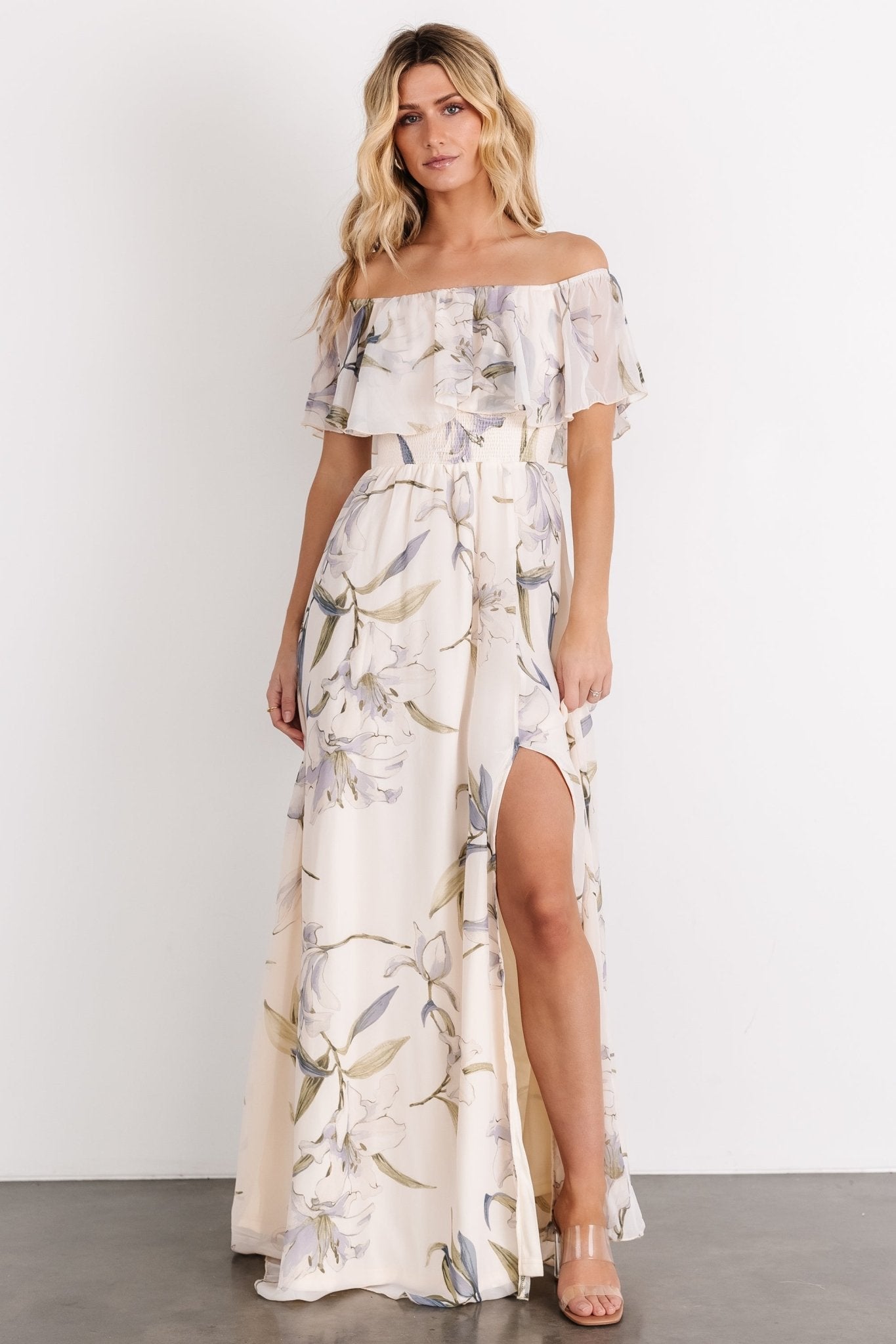 Daphne Off Shoulder Maxi Dress | Beige + Blue Floral Manchester Sale Online