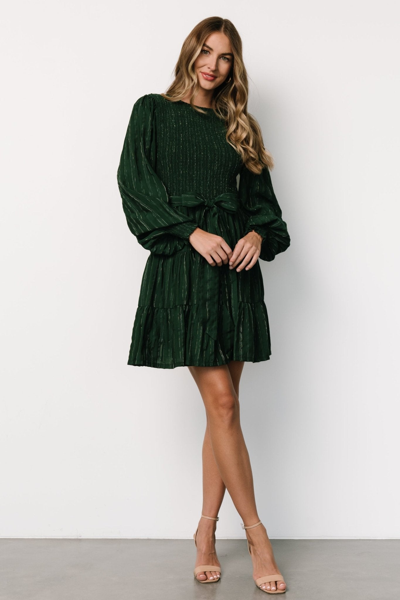 Ivey Smocked Short Dress | Dark Green + Silver Reliable Sale Online