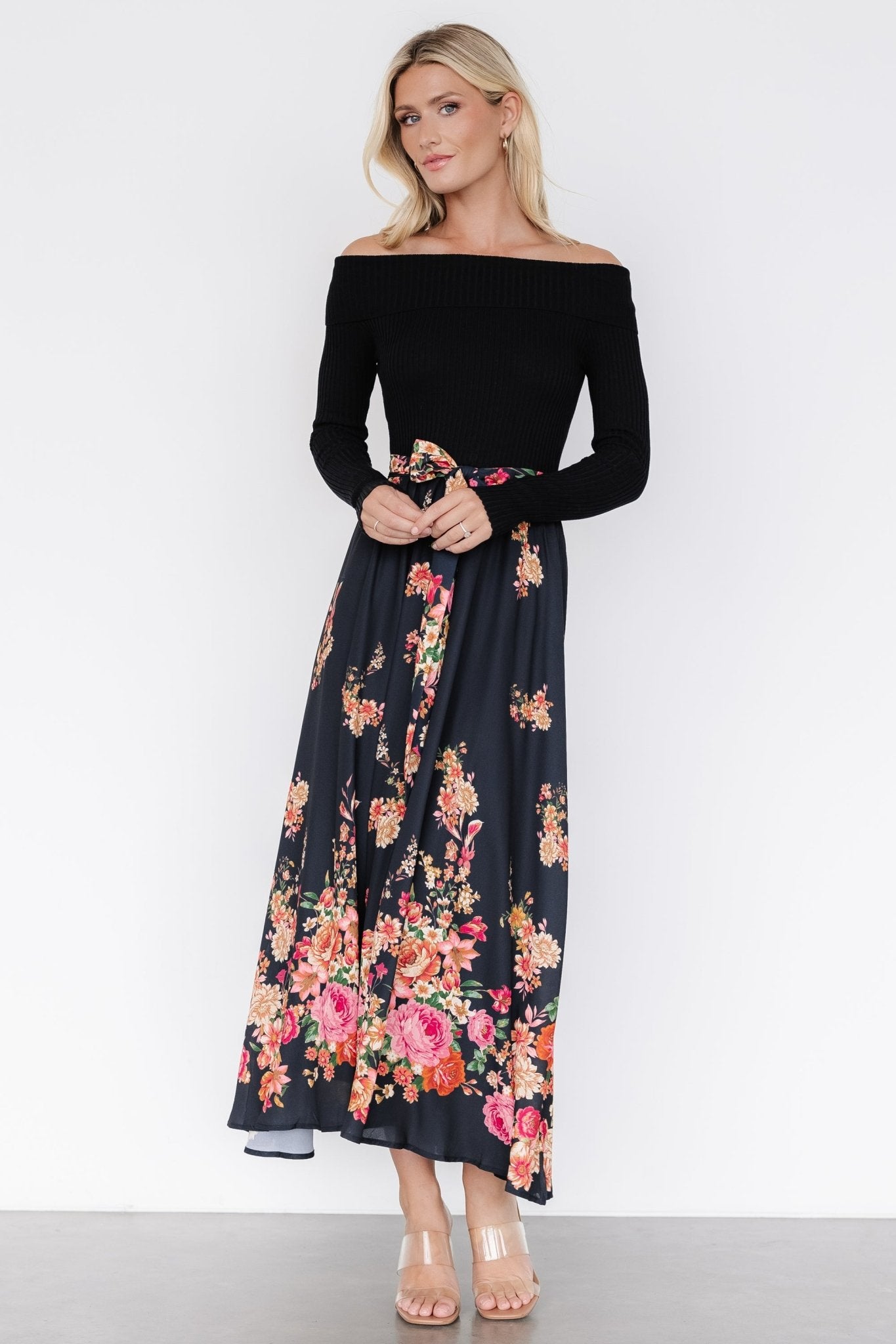 Qadira Off Shoulder Dress | Black + Multi Floral Comfortable