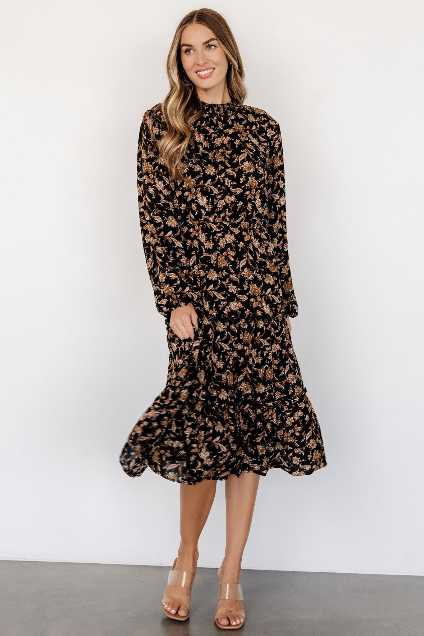 Kenice Mock Neck Dress | Black + Camel Print Clearance Hot Sale