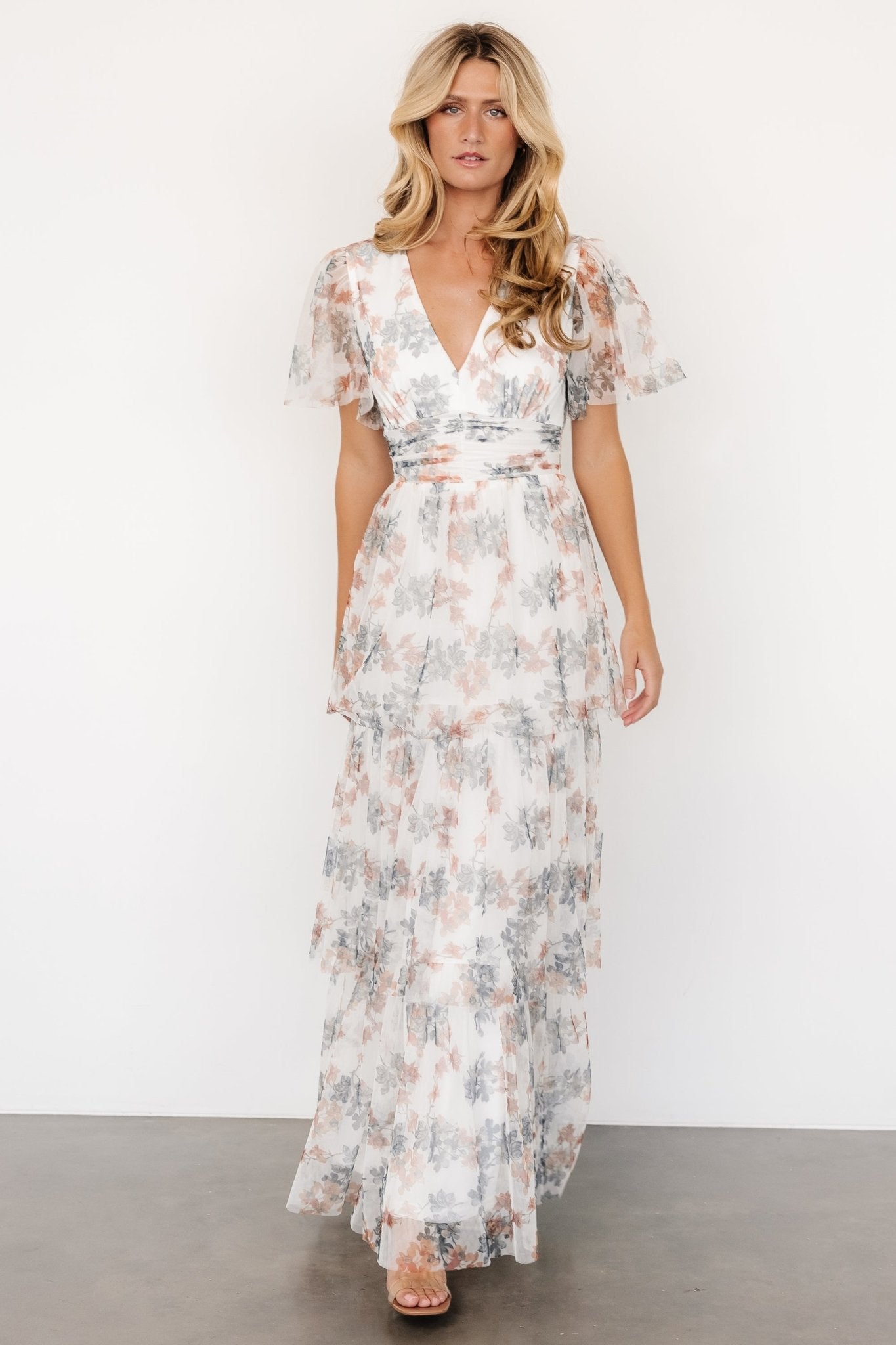 Elinor Tiered Tulle Dress | Off White + Peach Floral Store Sale Online