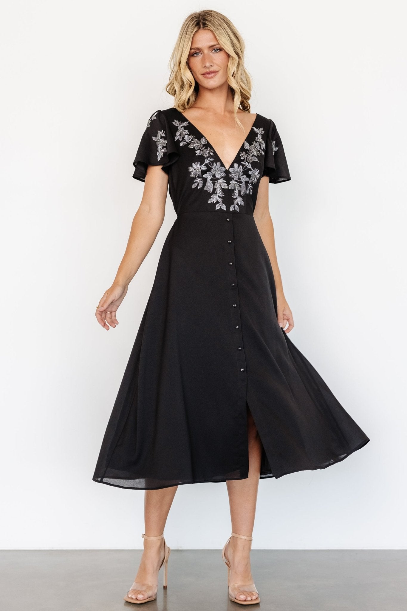 Swan Bead Embroidered Midi Dress | Black Clearance Amazon