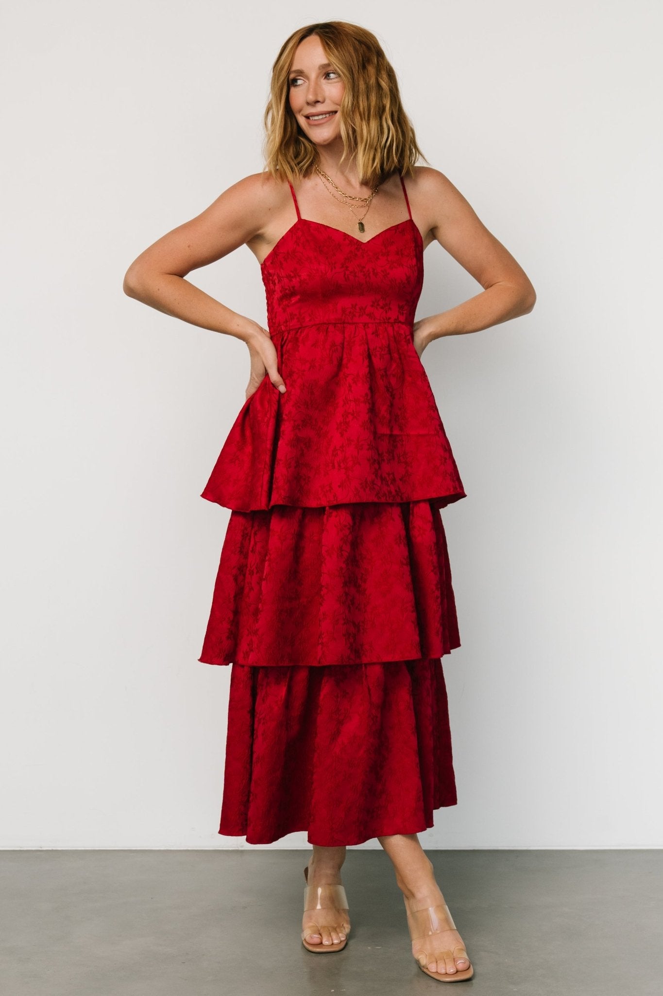 Violetta Embossed Tiered Dress | Deep Red Manchester For Sale