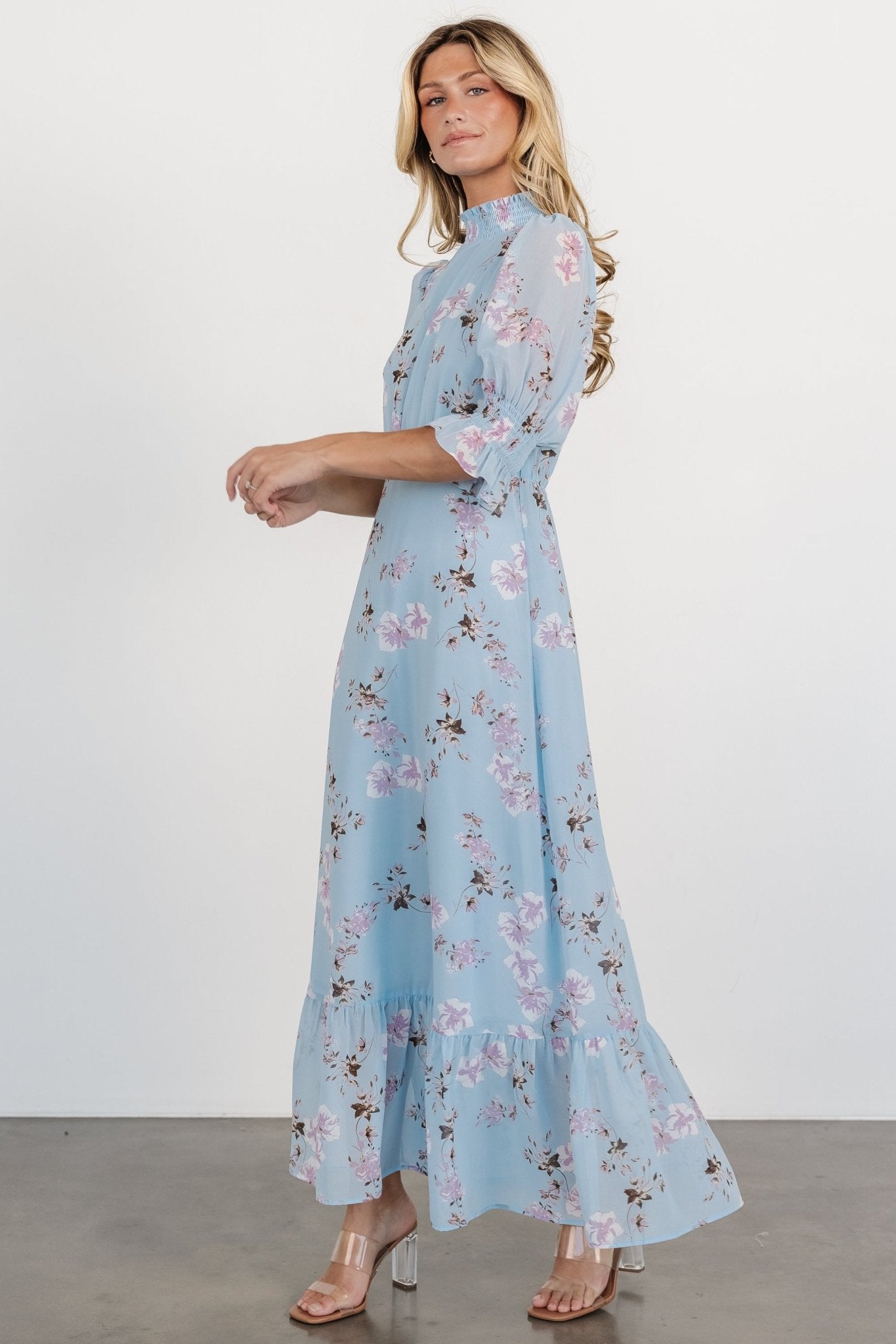 Marie Mock Neck Maxi Dress | Sky Blue Floral Affordable Cheap Pice