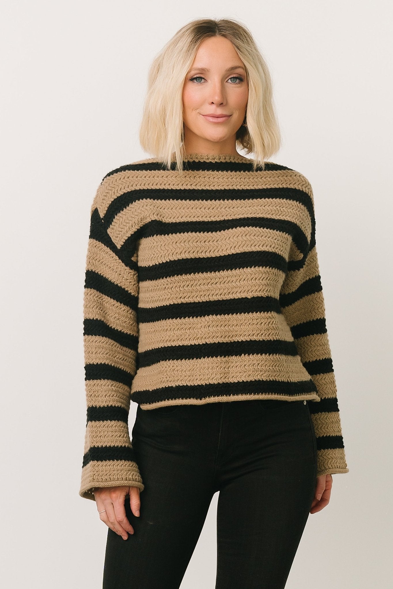 Robbie Striped Knit Sweater | Black + Camel Cheap Sale 2025