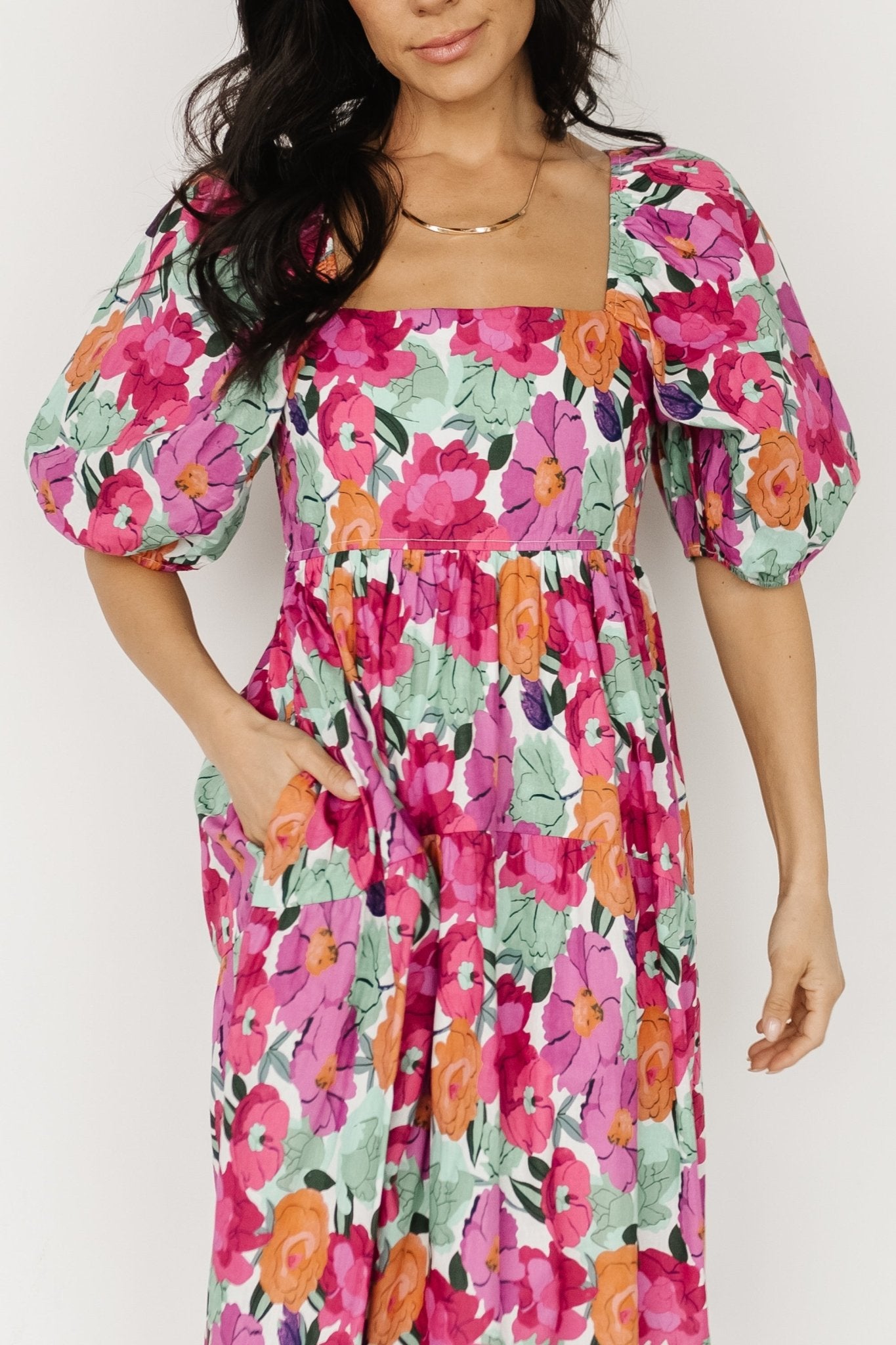 Aimee Puff Sleeve Midi Dress | Pink Multi Cheap Browse