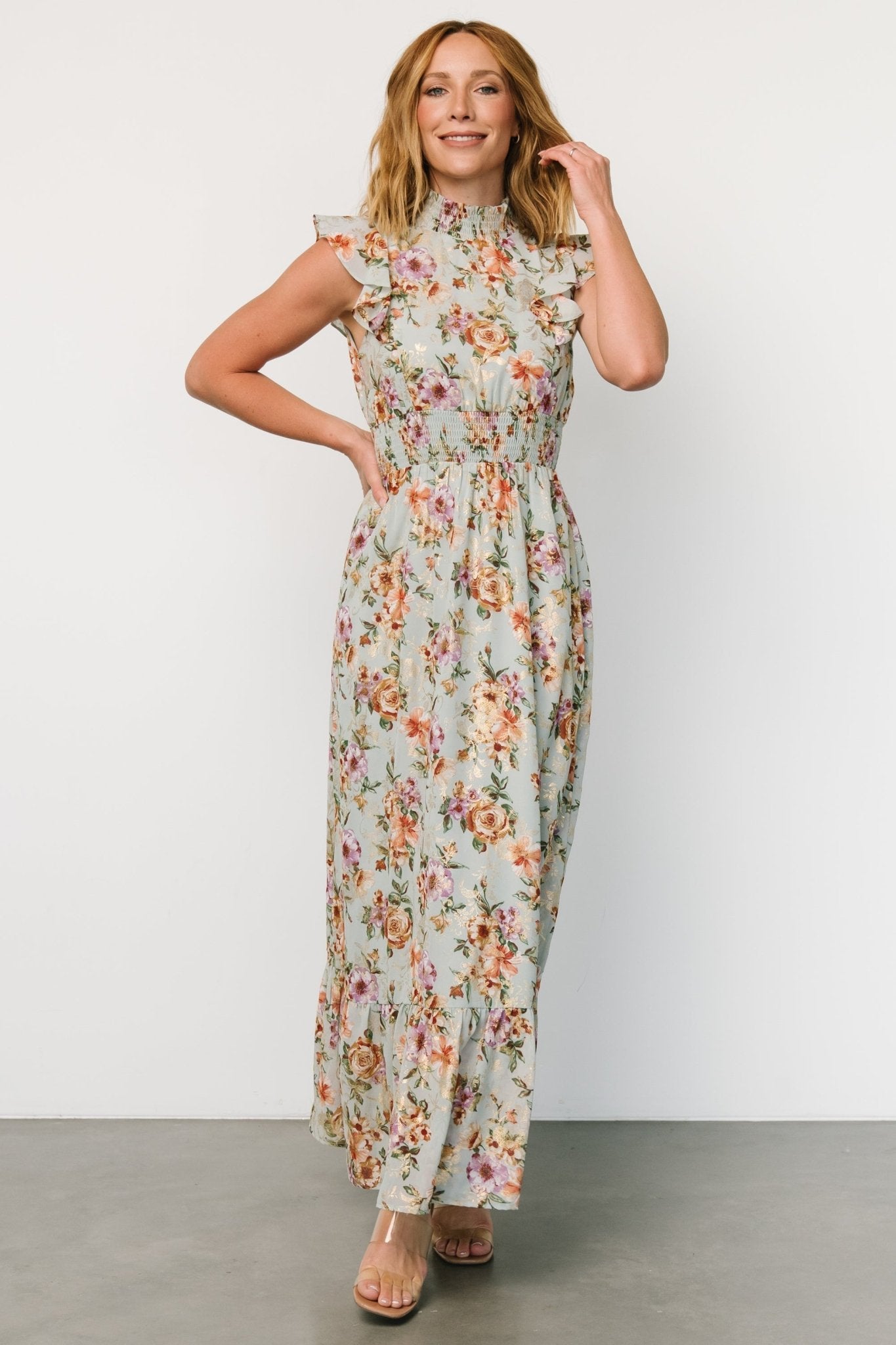 Kearny Ruffle Maxi Dress | Light Blue Floral + Gold Classic For Sale