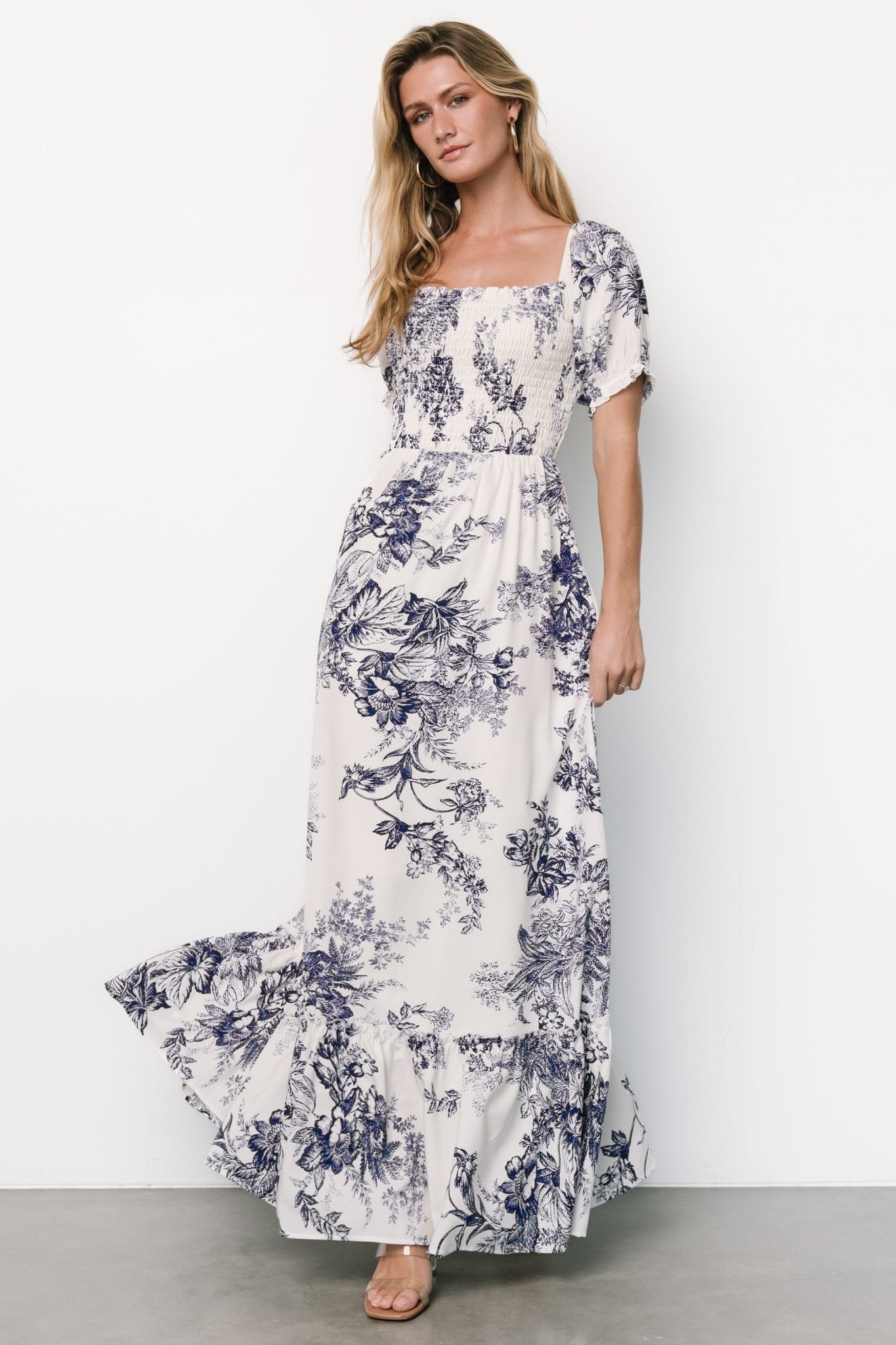 Capri Smocked Maxi Dress | Ivory + Blue Floral Buy Cheap 2025 Unisex