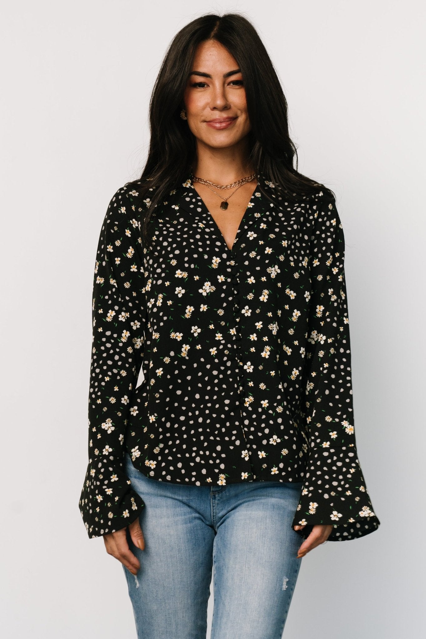 Thelma Button Blouse | Black Print Cheap Pice Discount Authentic