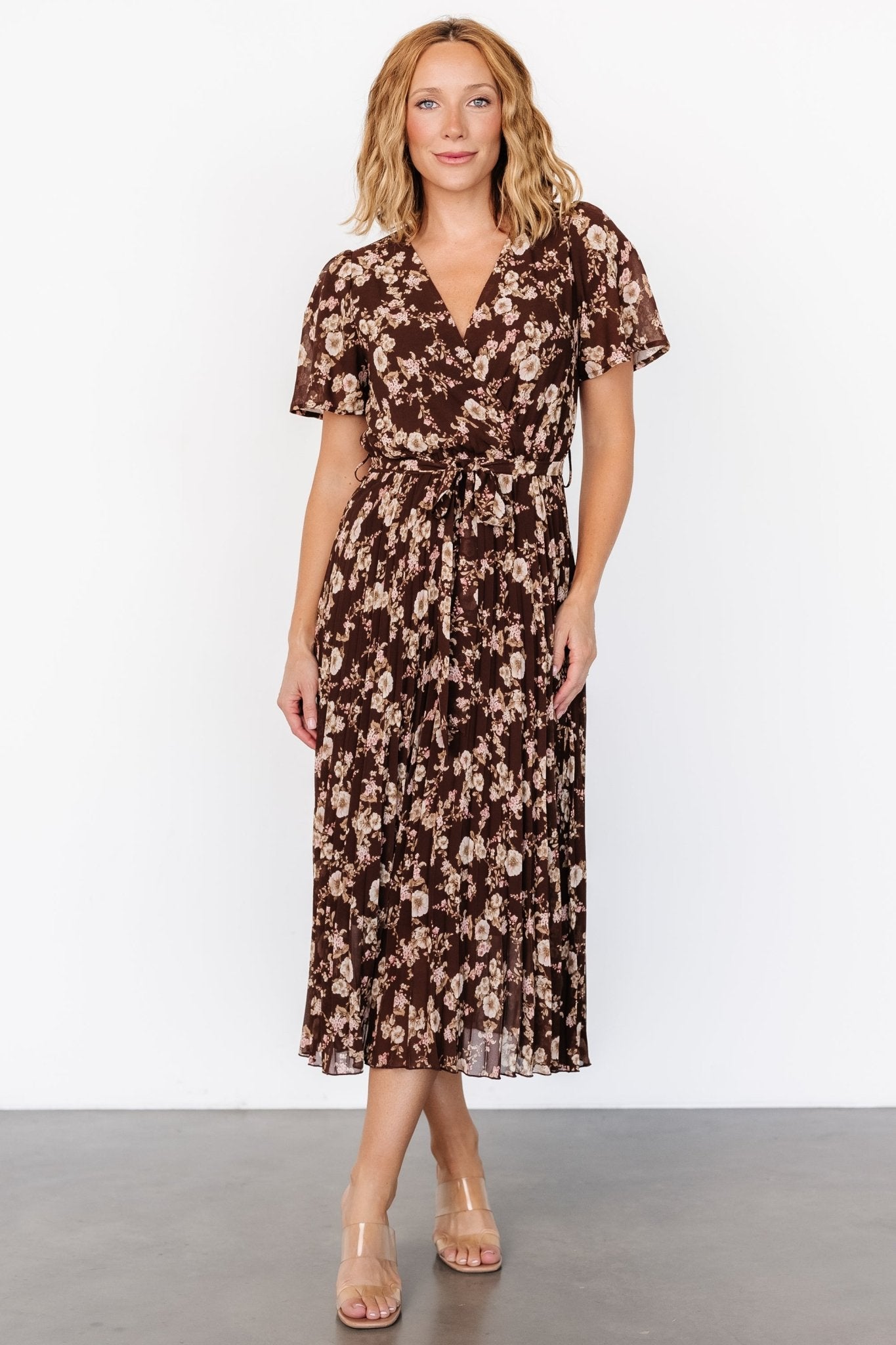 Cassidy Pleated Midi Dress | Brown Floral Free Shipping Perfect