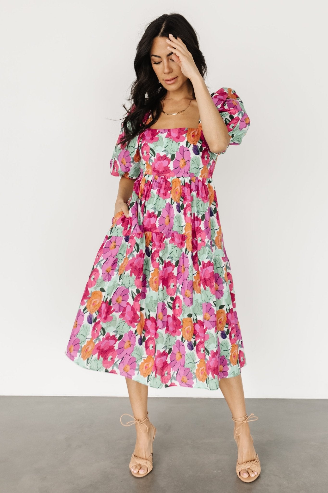 Aimee Puff Sleeve Midi Dress | Pink Multi Cheap Browse