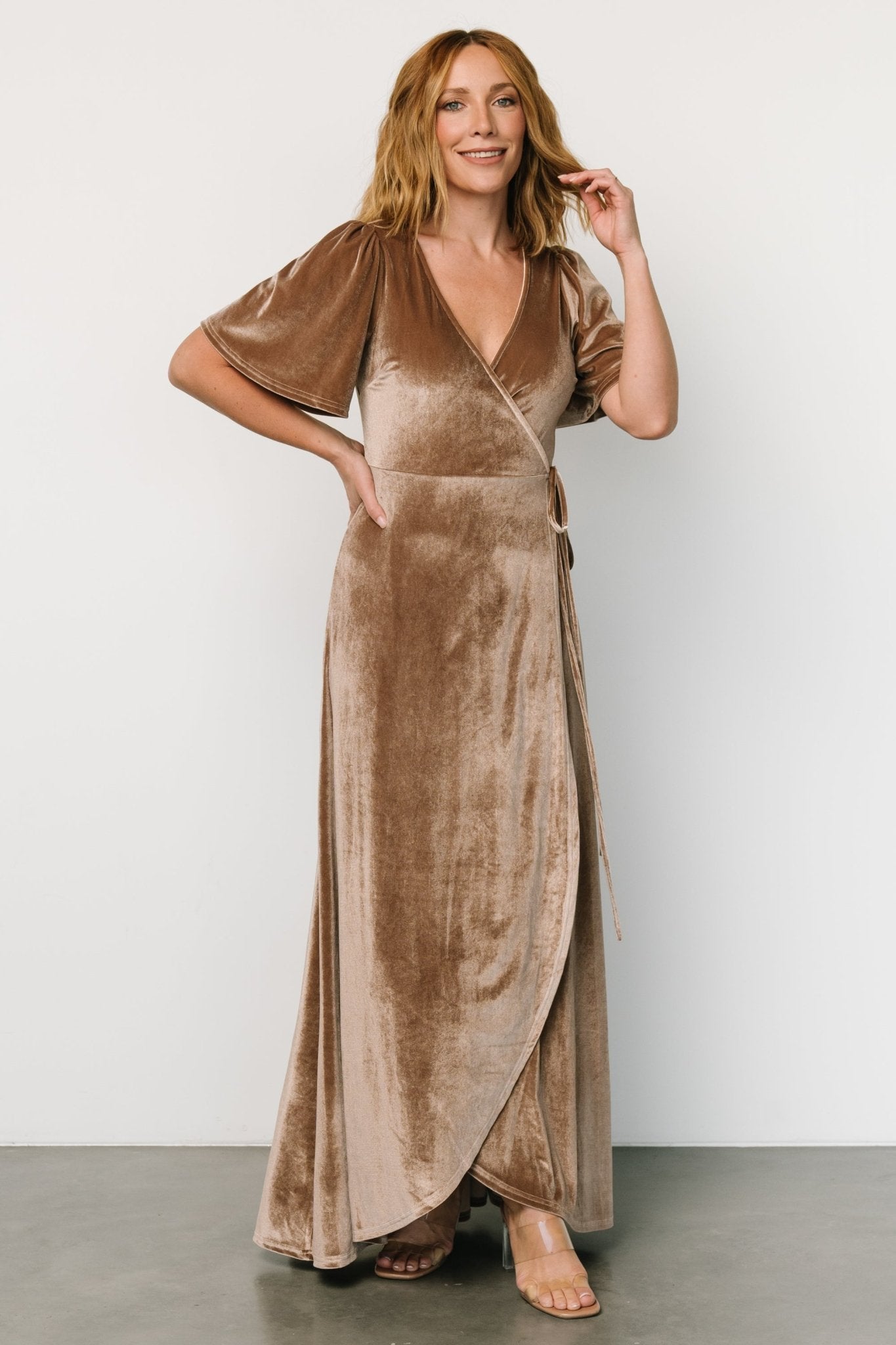 Katelyn Velvet Maxi Wrap Dress | Taupe Cheap Sale Popular