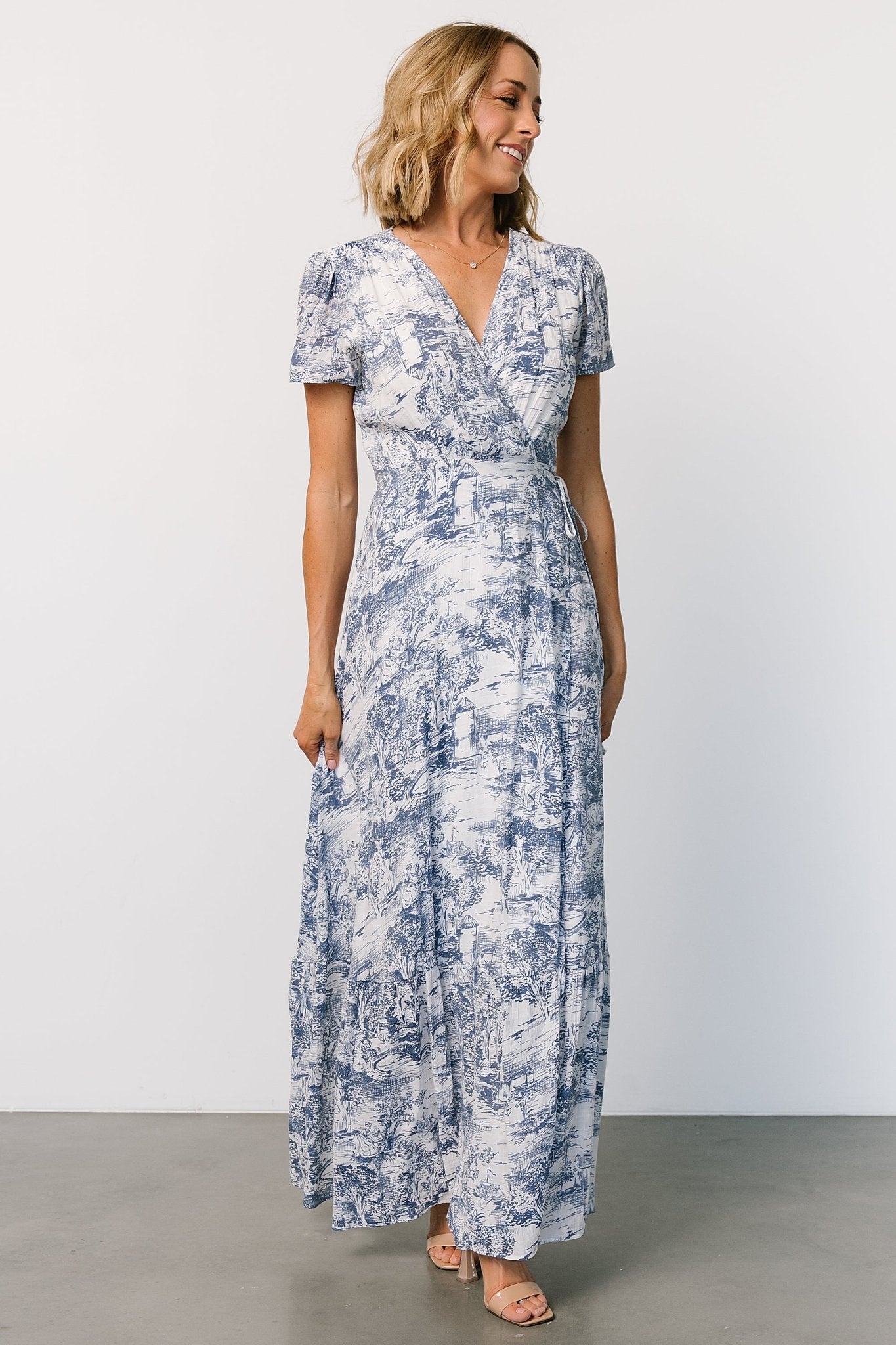 Dulce Wrap Maxi Dress | White + Blue Print Outlet Affordable