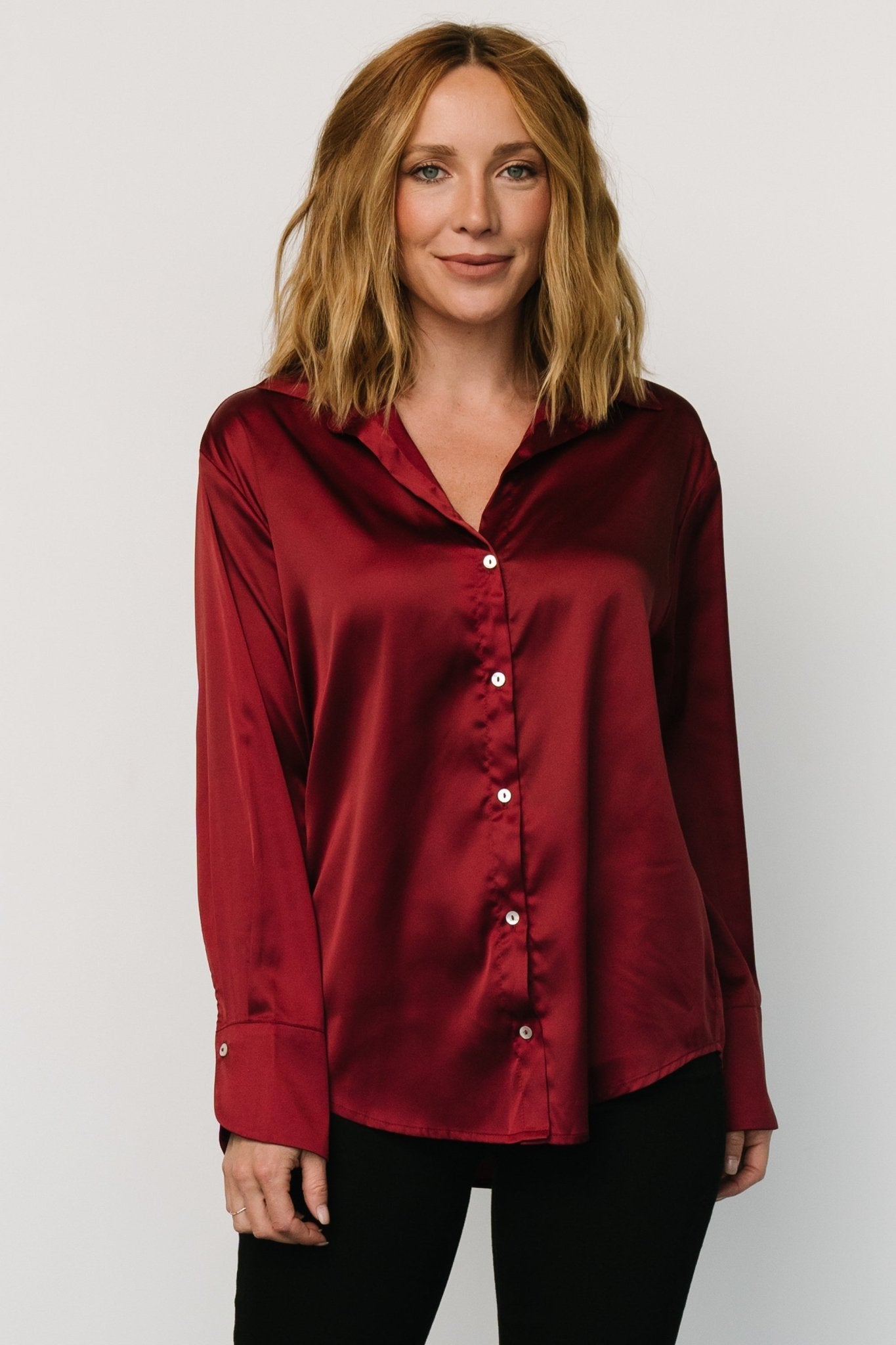 Kacey Satin Button Up Top | Burgundy Clearance Official Site