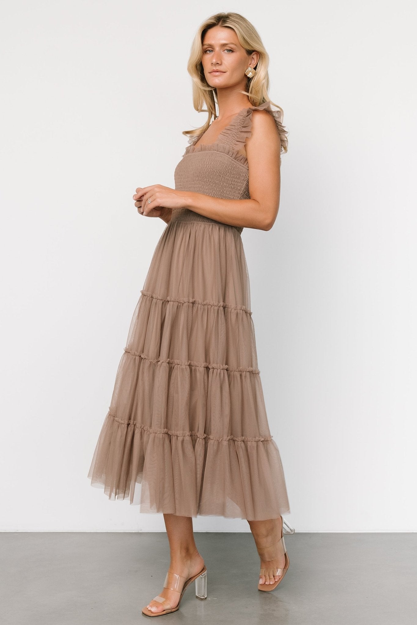 Emma Smocked Tulle Dress | Taupe Sale Low Shipping Fee