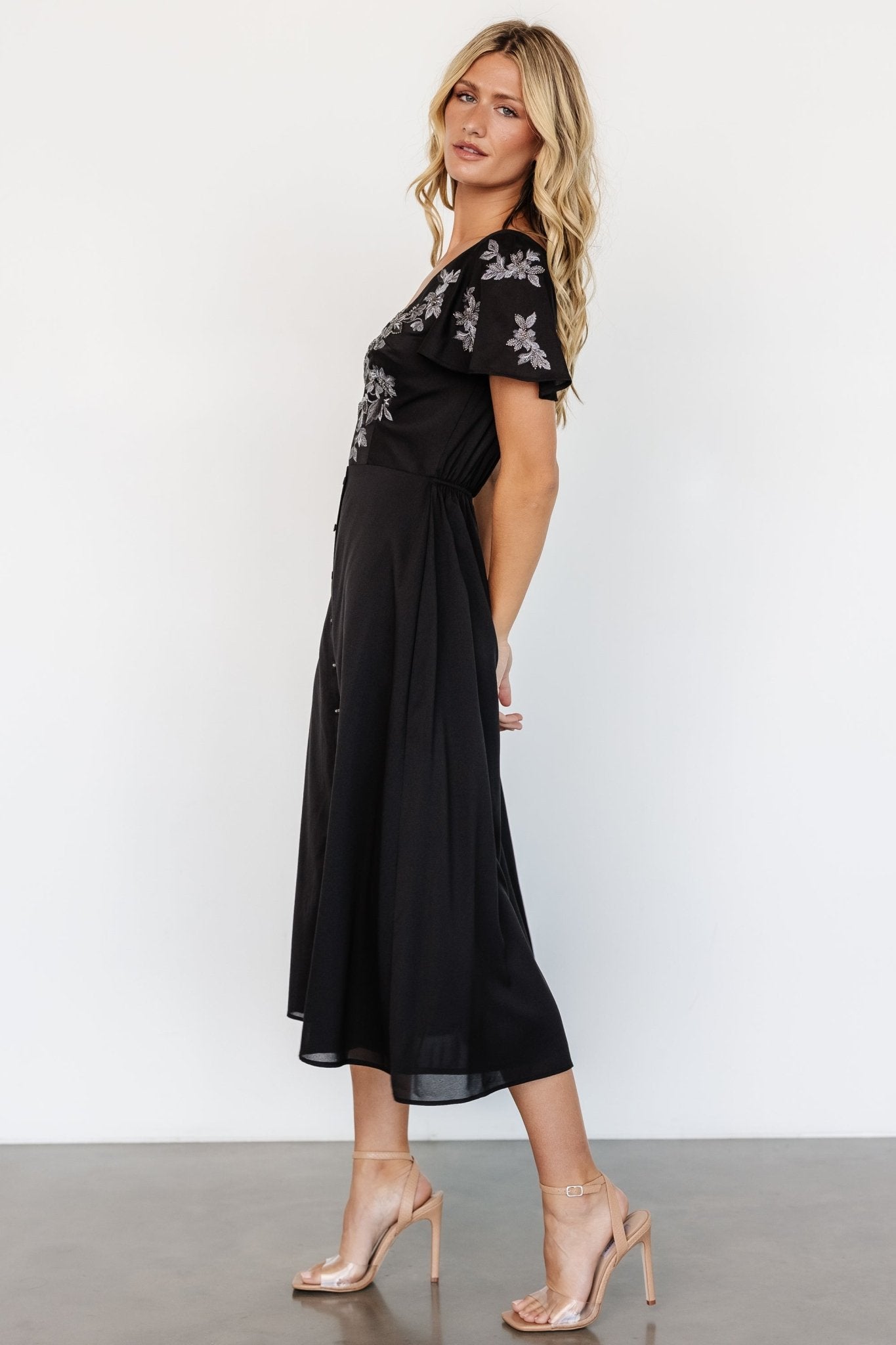 Swan Bead Embroidered Midi Dress | Black Clearance Amazon