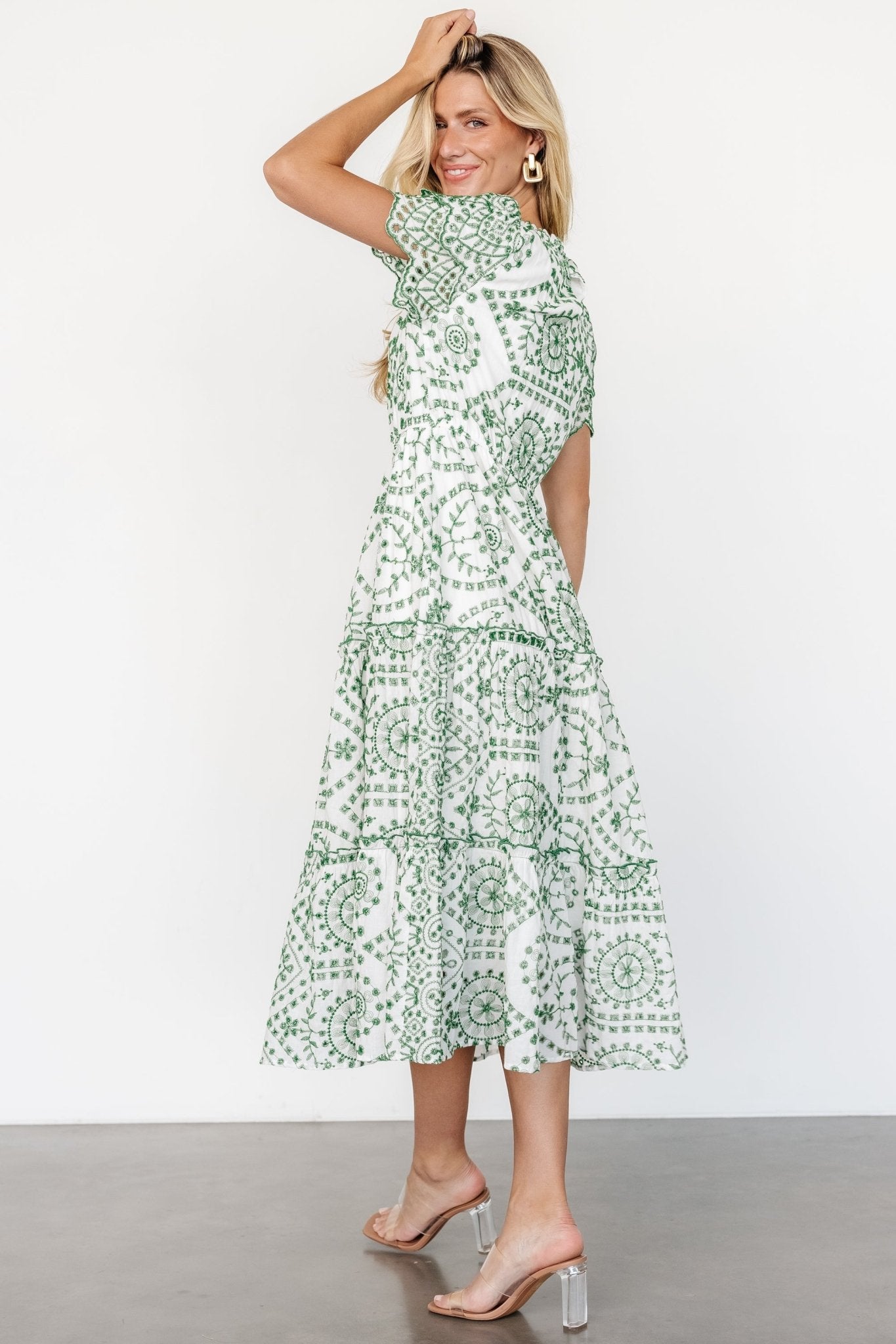 Mirabel Eyelet Midi Dress | White + Green Purchase Cheap Pice