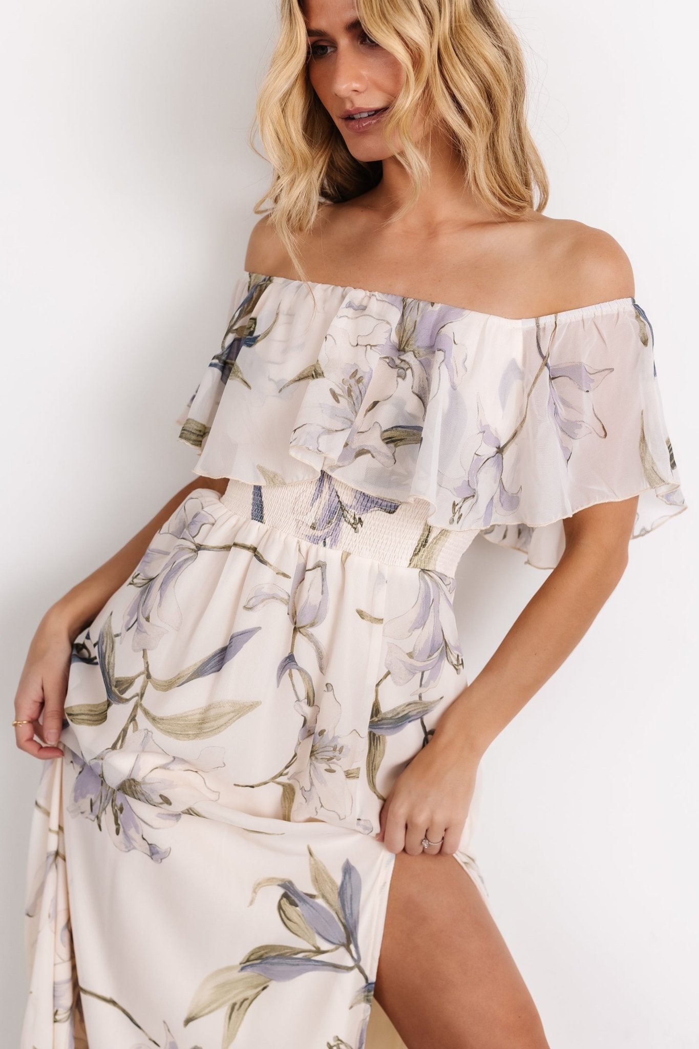 Daphne Off Shoulder Maxi Dress | Beige + Blue Floral Manchester Sale Online