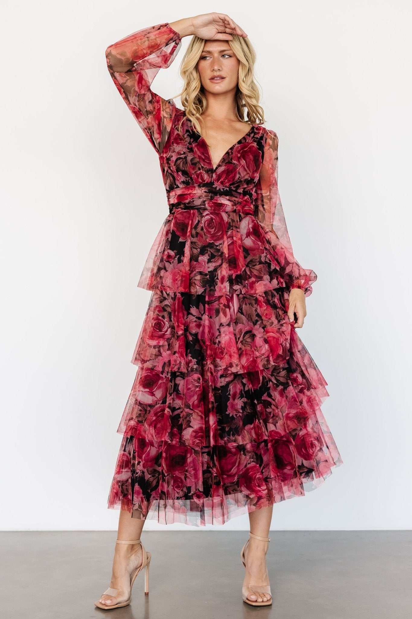 Carolina Tulle Tiered Maxi Dress | Red + Black Floral Sale Outlet