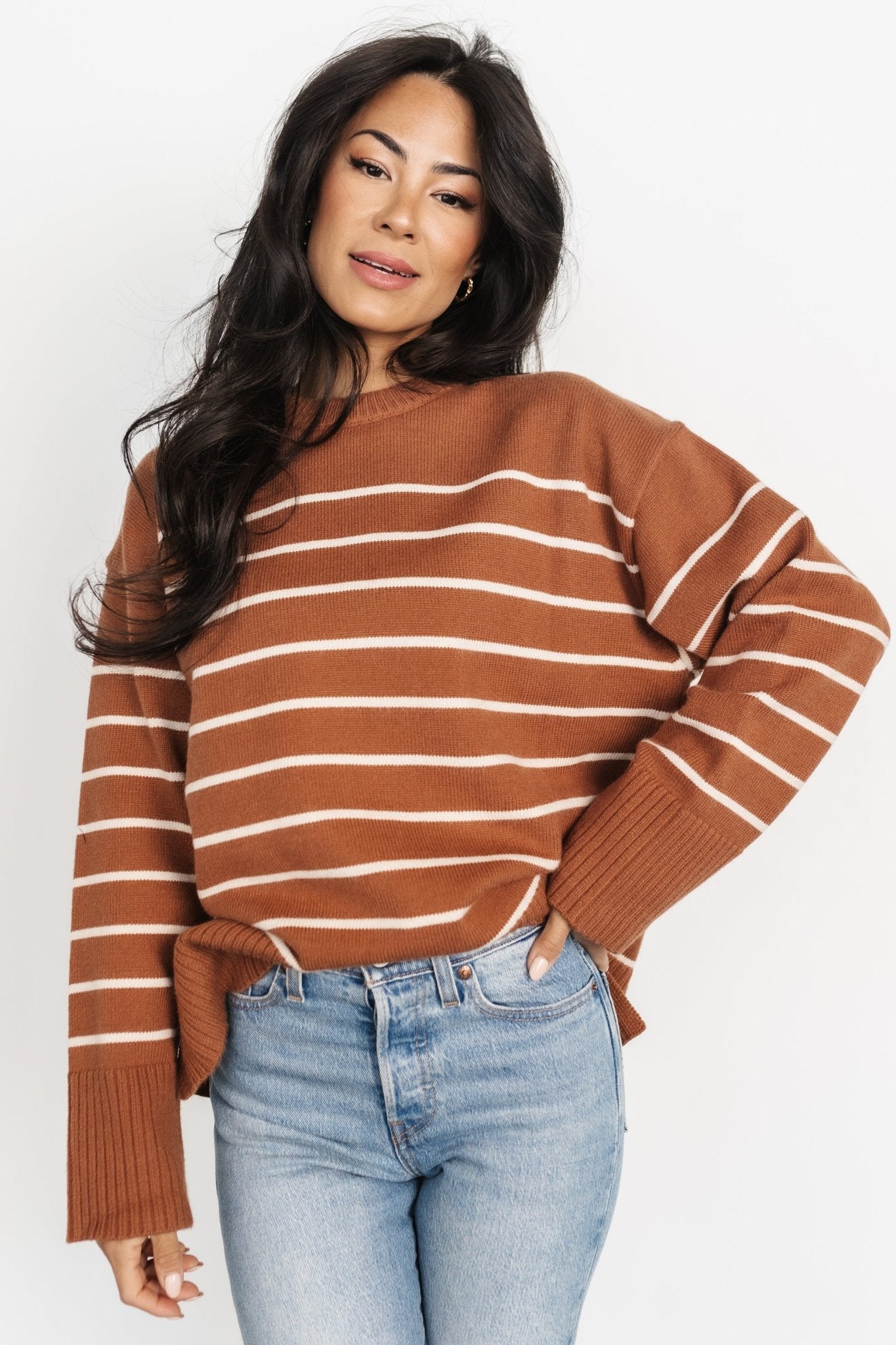 Emerson Stripe Knit Sweater | Dark Camel + Ivory Cheap Pice Store